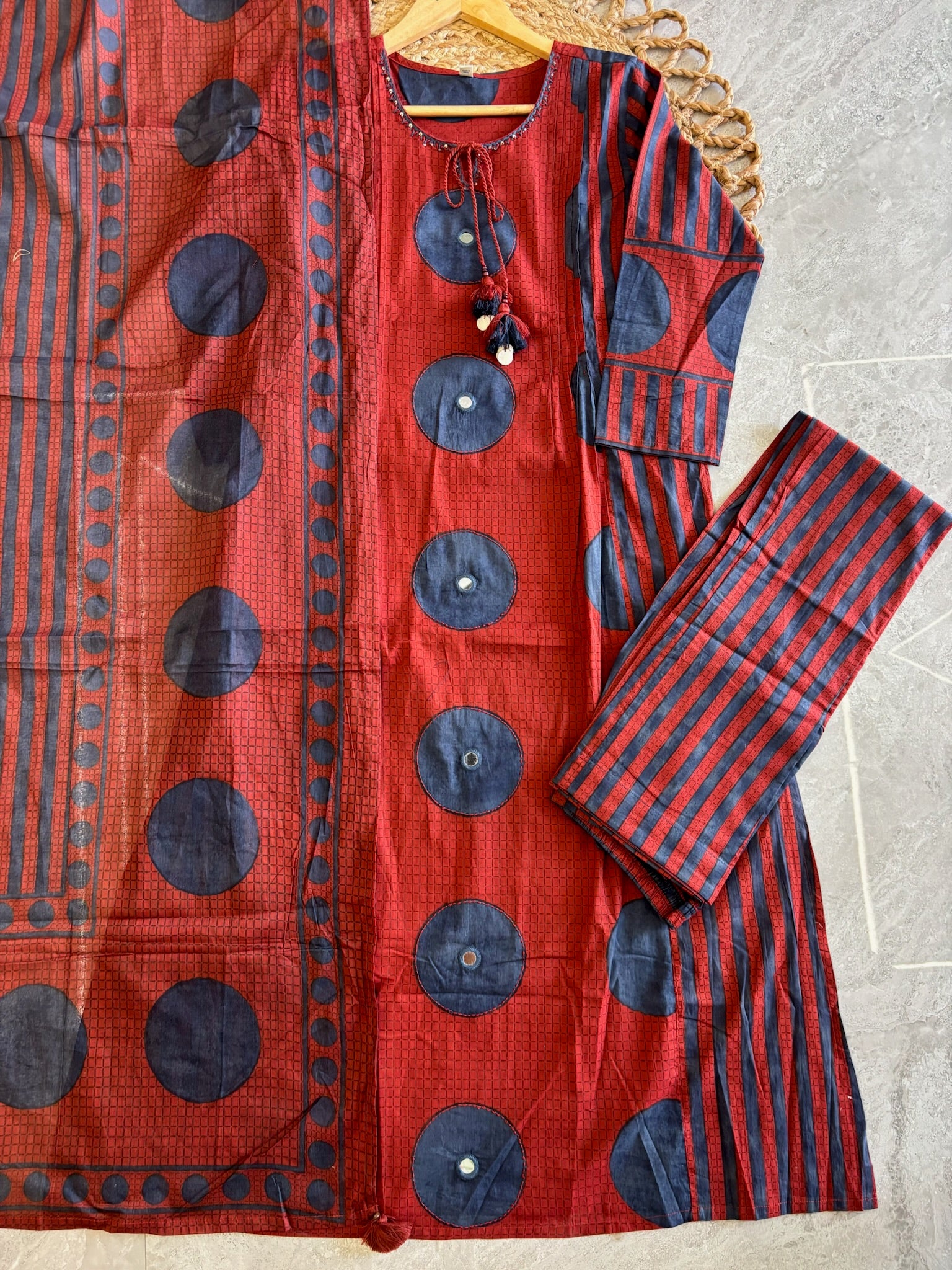 A4062- Pure Cotton Suit featuring Statement Polka & Stripe Prints, Matching Pants Dupatta.