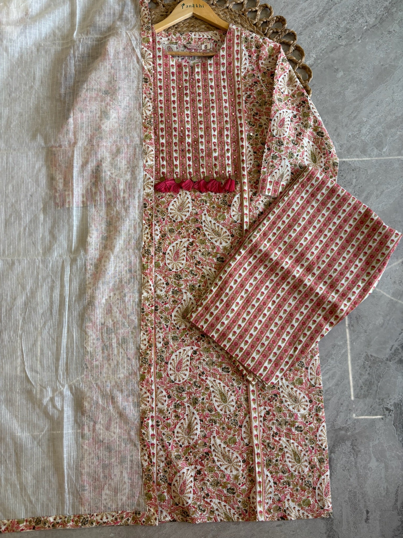 A4047- Pure Cotton Suit with Mirror & Tassel details, Pants & Contrast Kota Doriya Dupatta