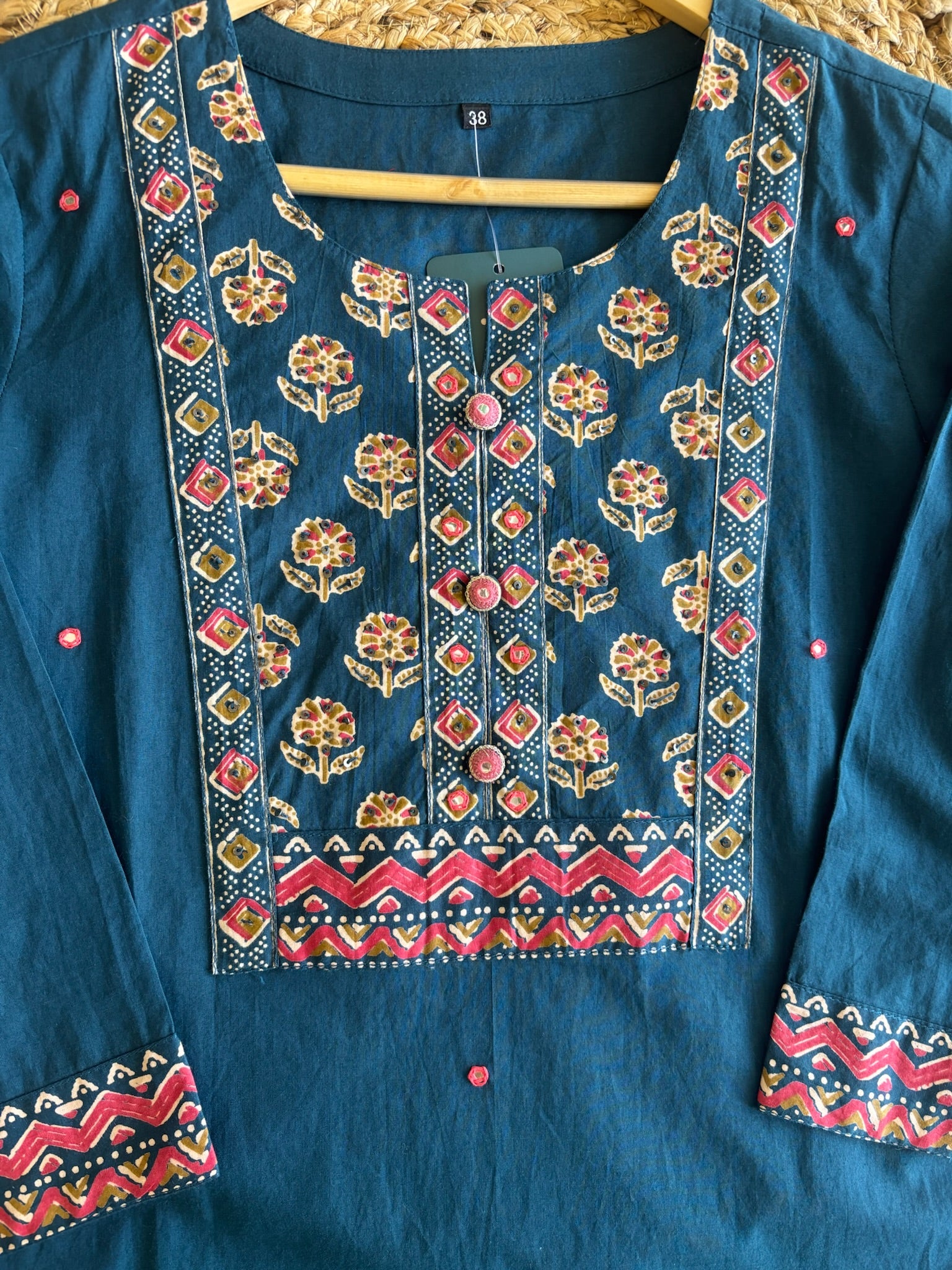 A2812 - Pure Cotton straight Kurti with york detailing, printed Pants and Dupatta.