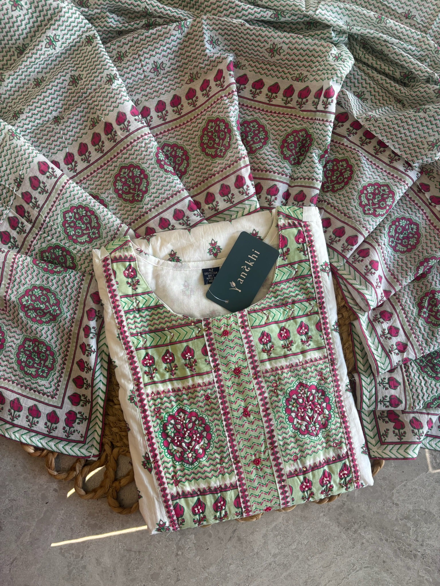 A3896 - Pure Cotton Suit Set with Floral Block Print & Mul Mul Dupatta
