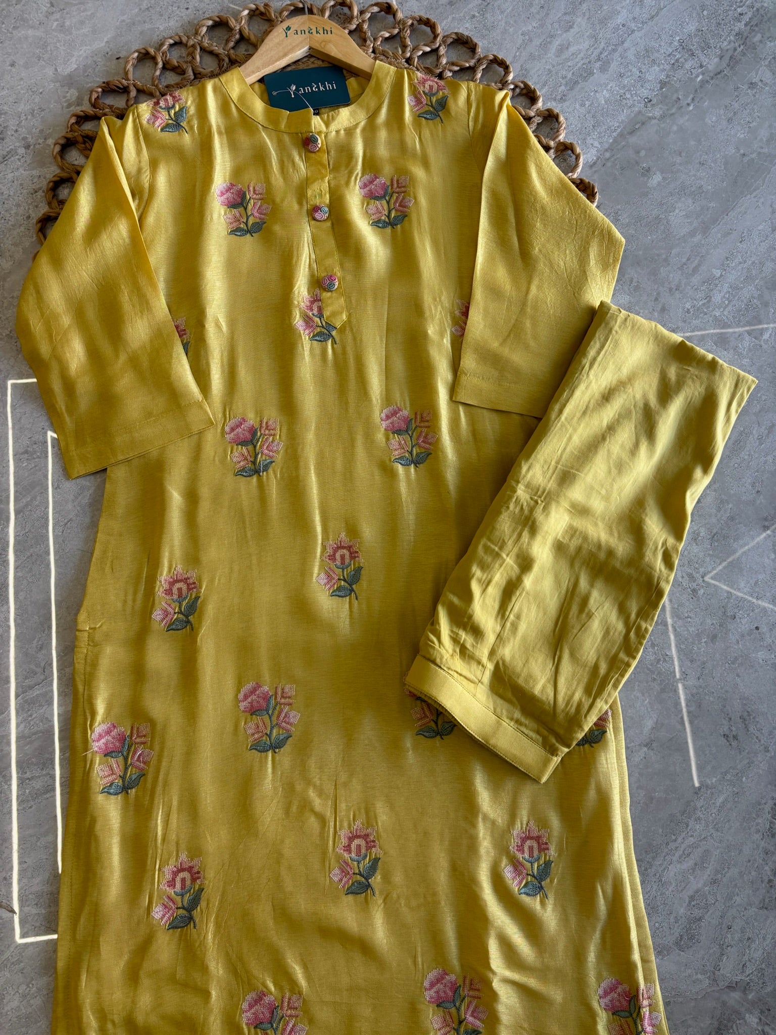 A3961 - Pure Dola Silk suit with French knot Embroidery and Organza Border Dupatta.