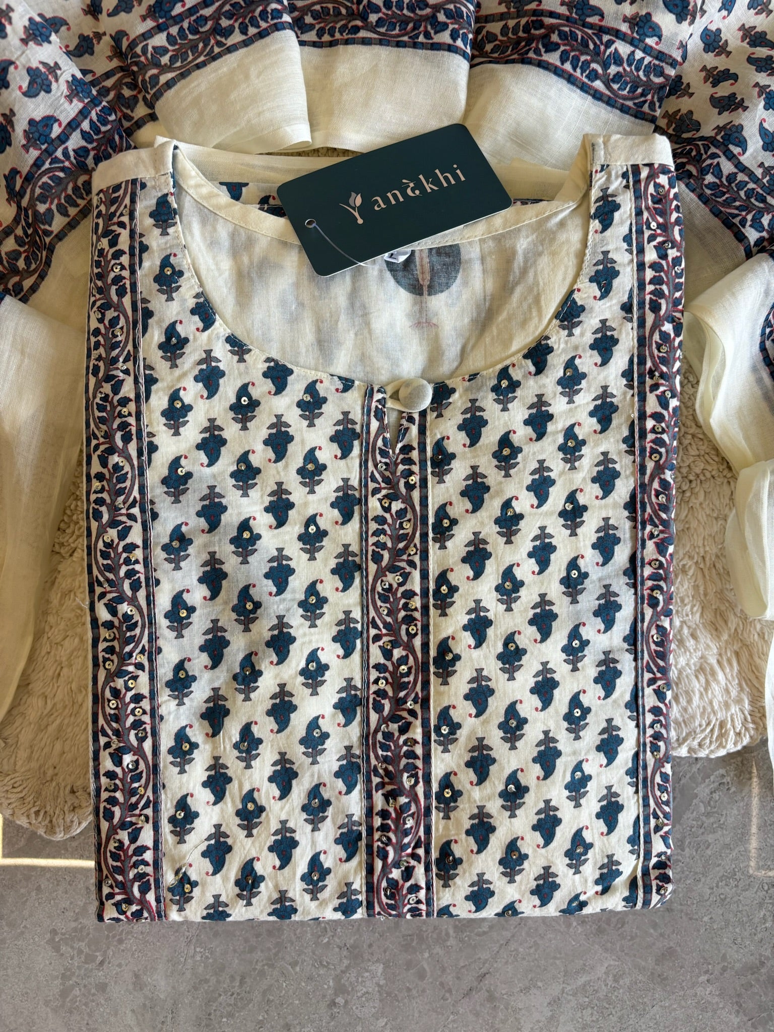 A3923- Pure Cotton Suit with Handblock & Floral Prints, a Printed Bottom & Dupatta.