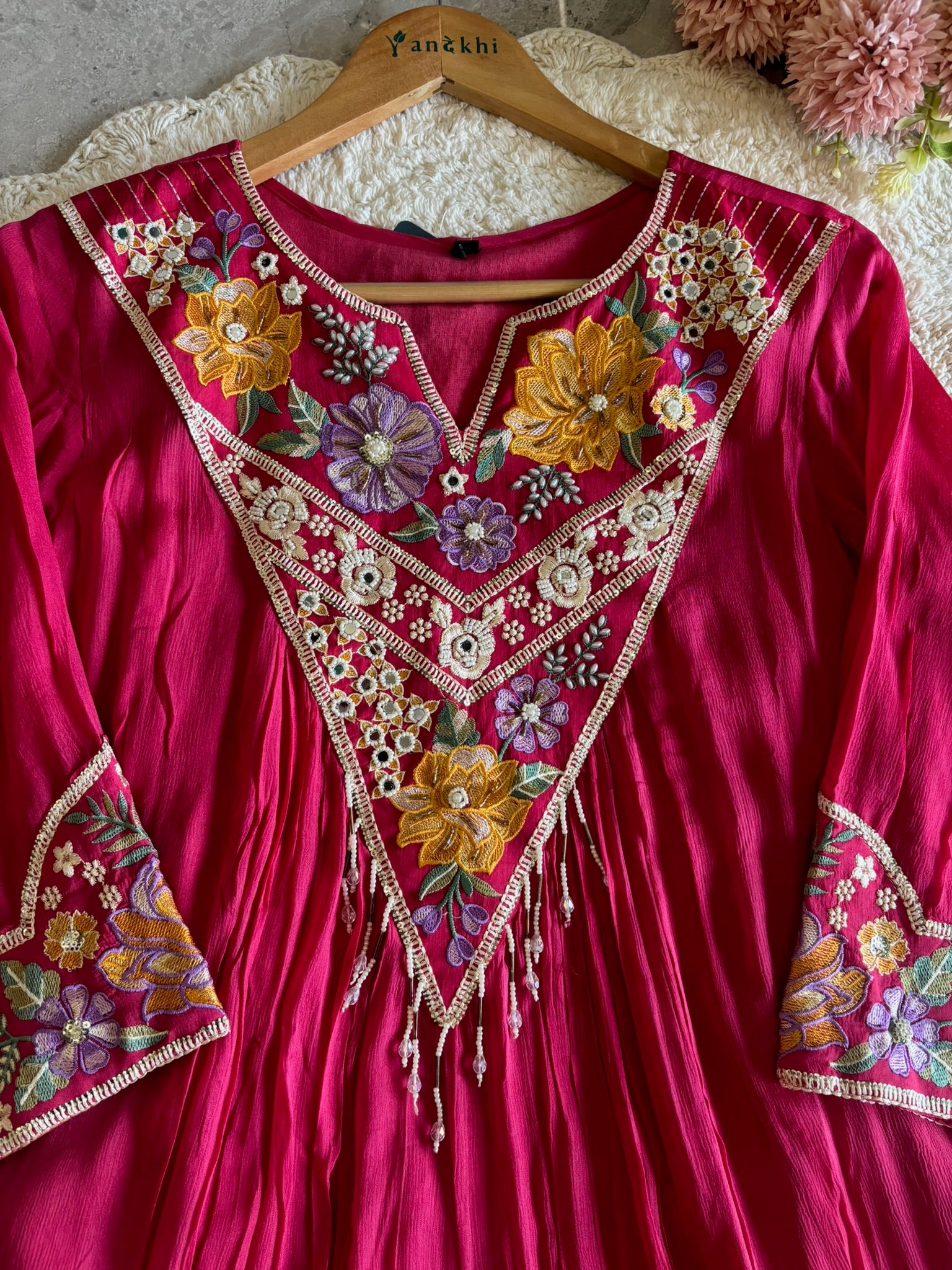 A1657- Elegant Chinon A-Line Suit with vibrant Floral Embroidery on the Yoke & Sleeves, with Pants and a delicately Embroidered Dupatta.