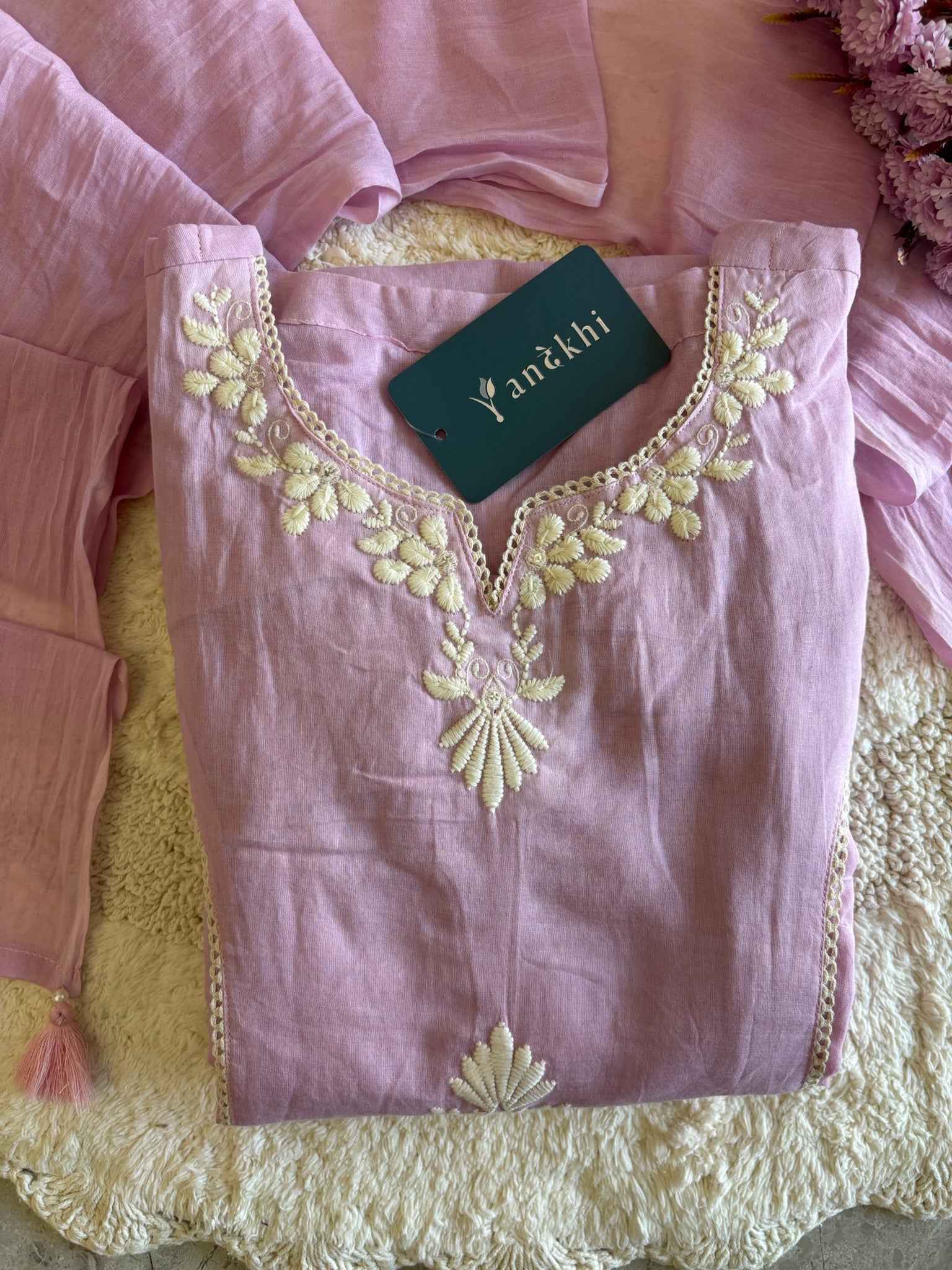 A3936- Mul Cotton Suit with delicate Embroidery & Cochet lace detailing paired with Pants & soft Dupatta.