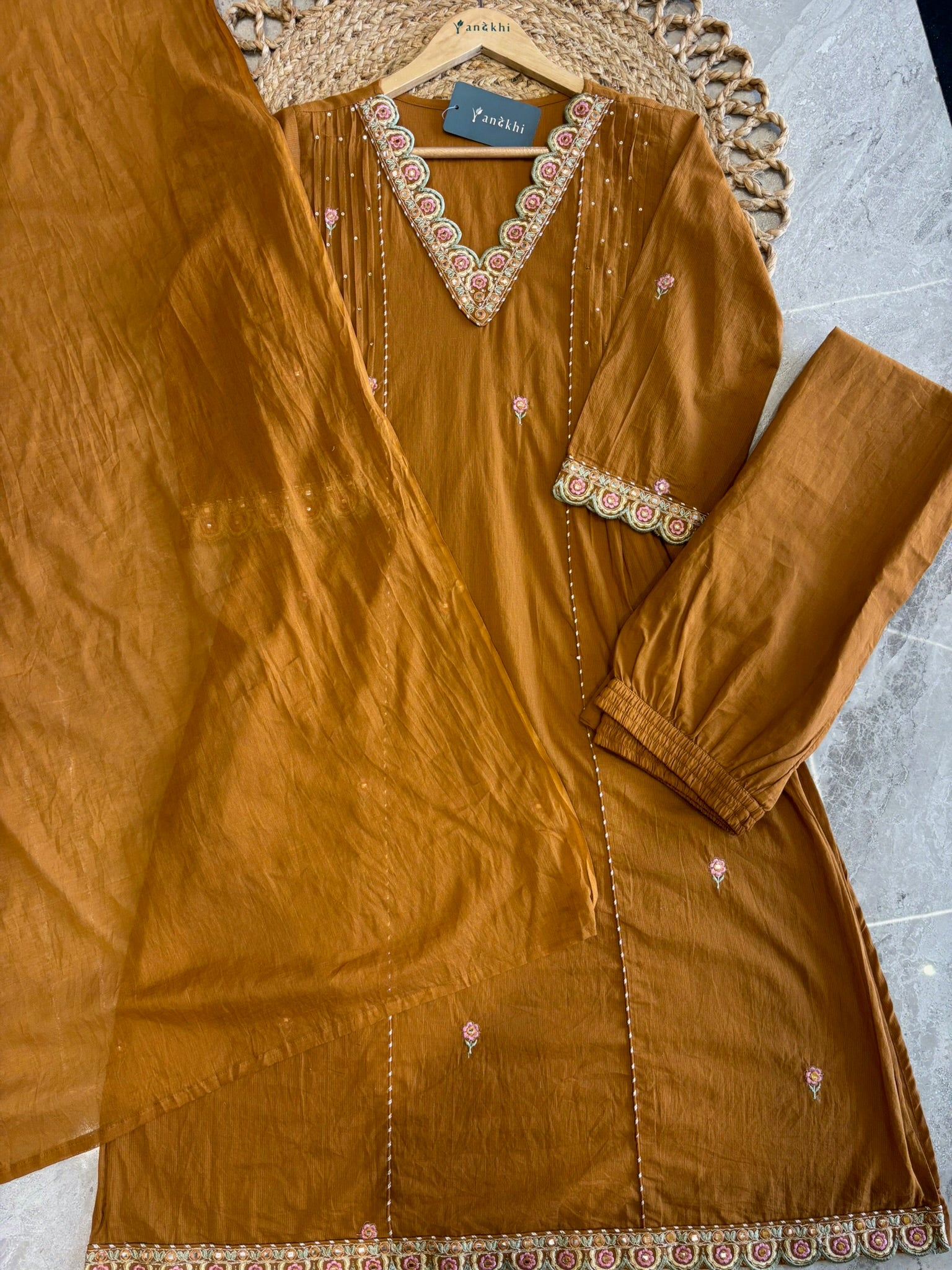 A2781 - Pure Cotton Embroidered Kurti with Lace detail on Neckline, Pants & Dupatta