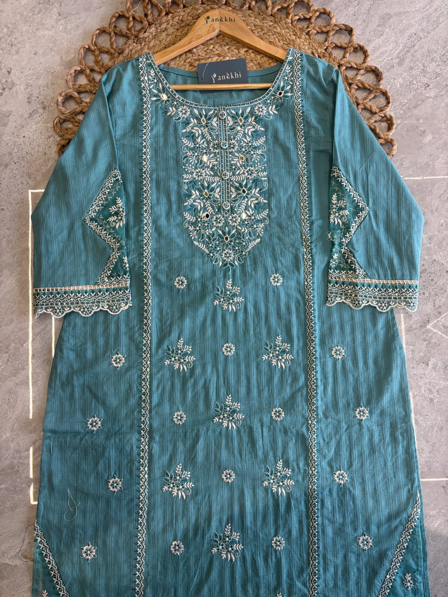 A4015 - Mul Cotton Embroidered suit with Designer Pants & a detailed Heavy Dupatta.