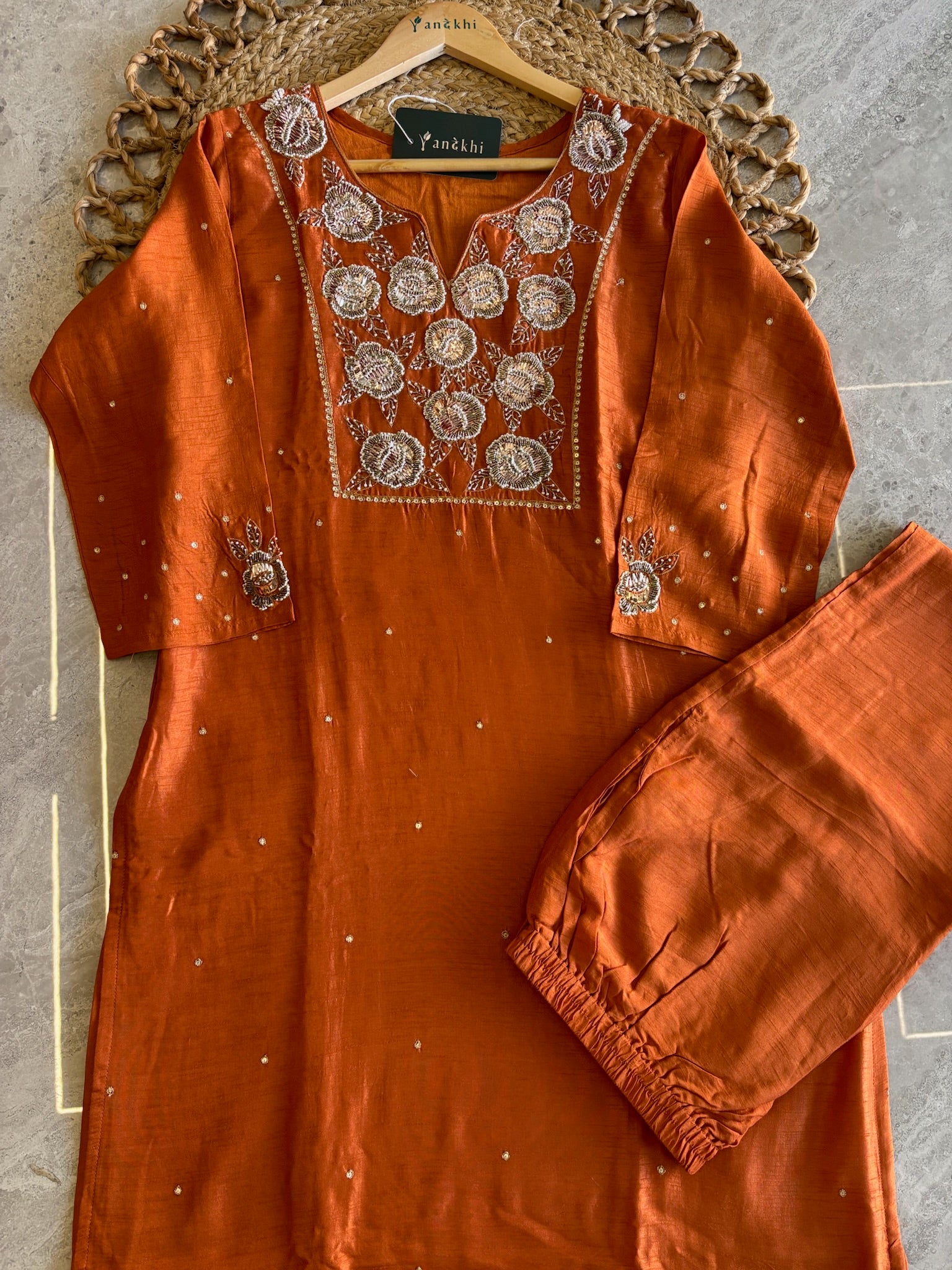A1557 - Pure Dola Silk Kurti with Intricate 3D Handwork Zardosi detailing, paired with Pants & Organza Dupatta
