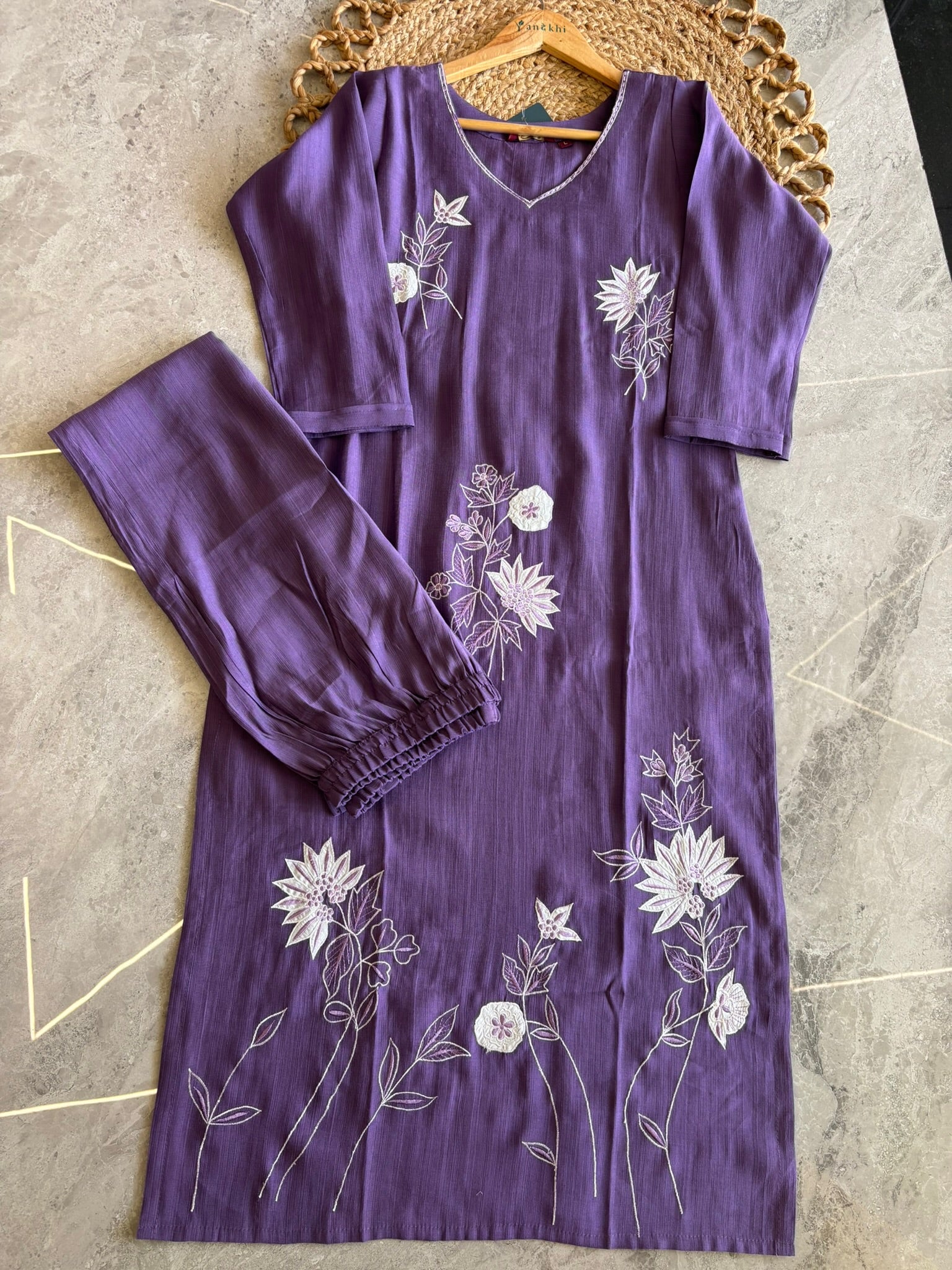 A2714 - Rayon Kurta Set with delicate Patchwork, Hand Embroidery & Printed Organza Dupatta