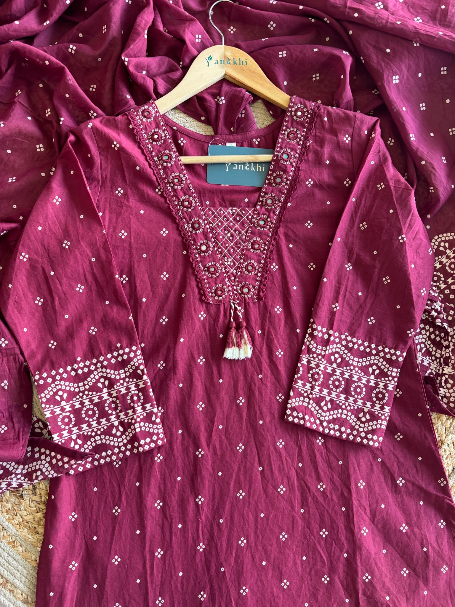 A2850 - Pure Cotton Bandhani Print Kurti with Embroidered Neckline.