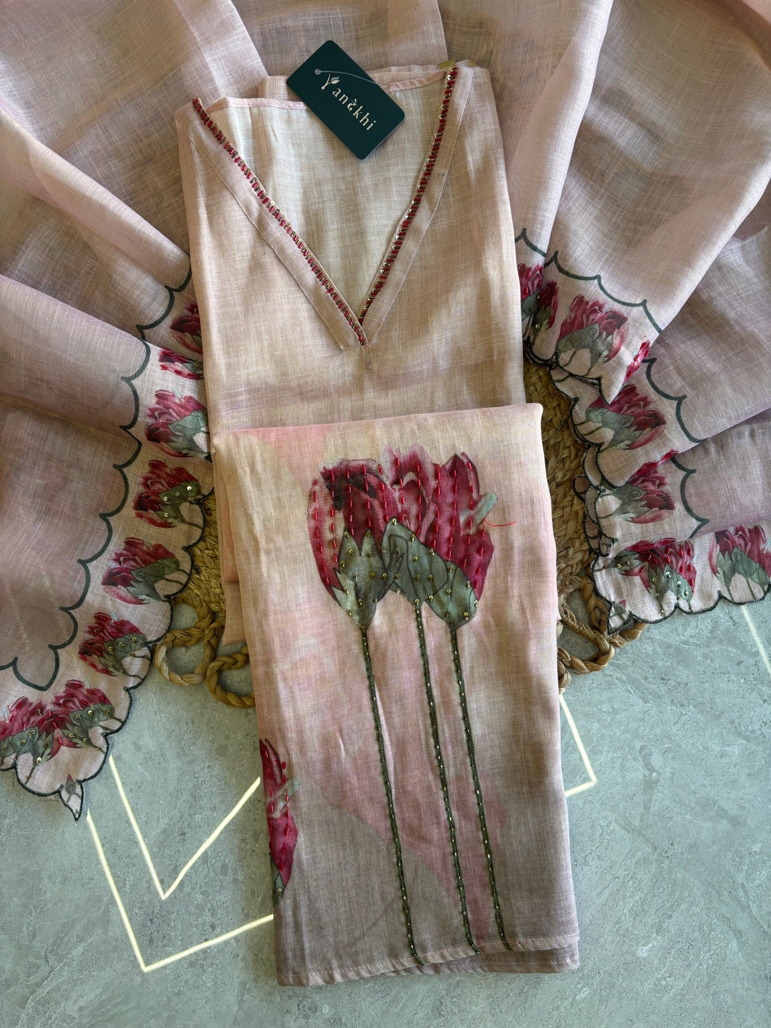 A1221 - Linen Unstiched Suit with Minimal Handwork.