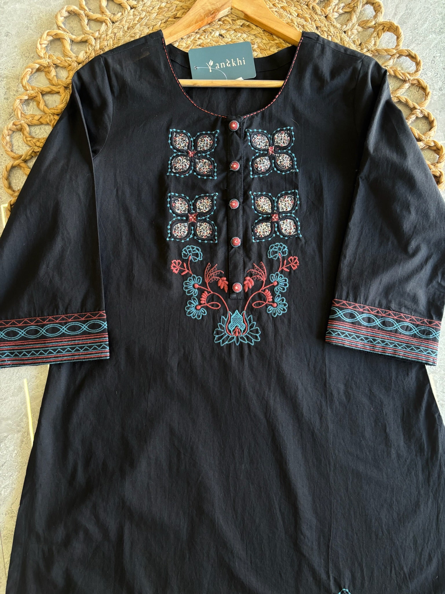 A4035 - Black Embroidered Suit set with a Statement Patchwork Printed Dupatta.