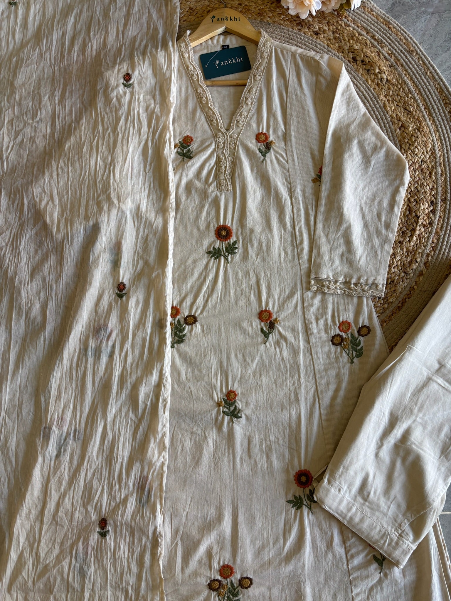 A4052- Pure Cotton Suit Adorned with Delicate Floral Embroidery, paired with Pants & Mul Cotton Dupatta.
