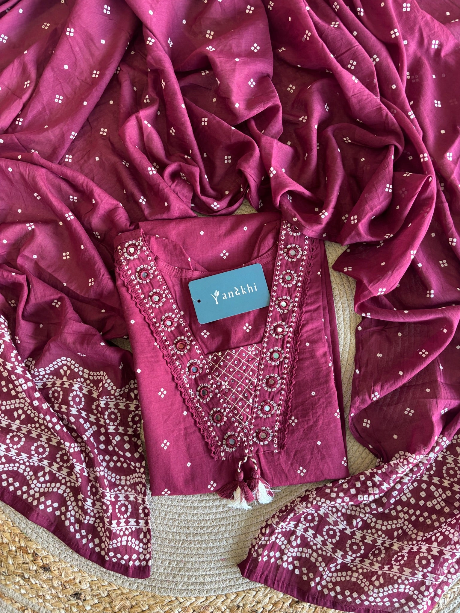 A2850 - Pure Cotton Bandhani Print Kurti with Embroidered Neckline.