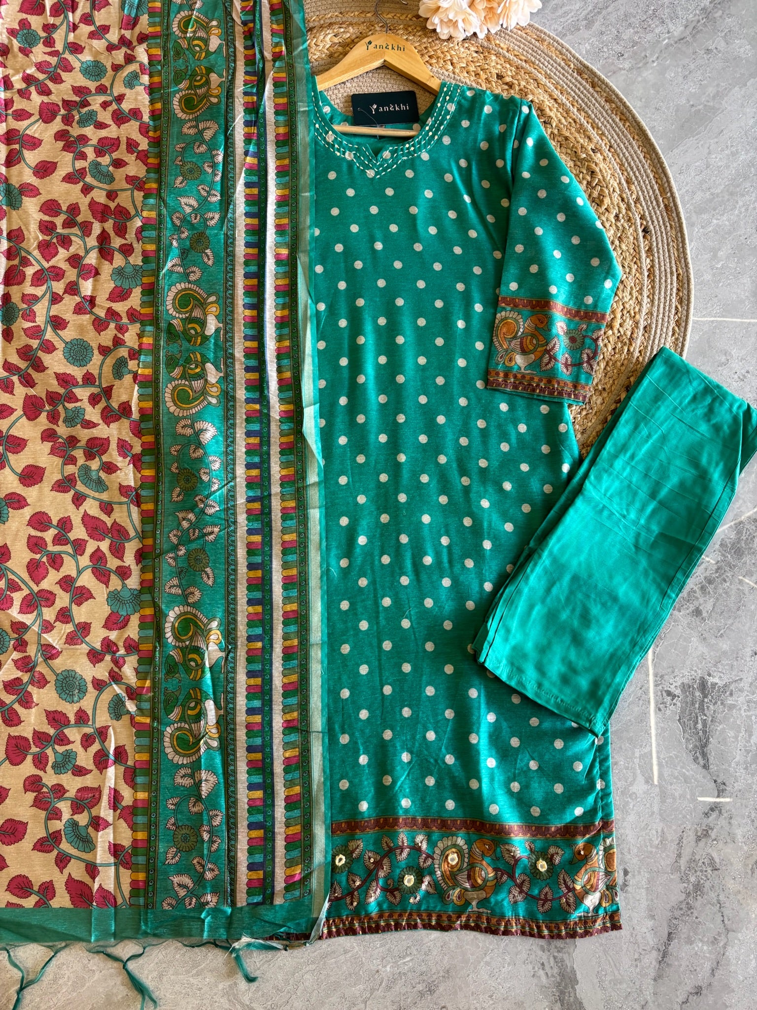 A6206- Chanderi Silk Suit featuring a vibrant polka-dotted Kurta with traditional Printed border, paired with Pants
