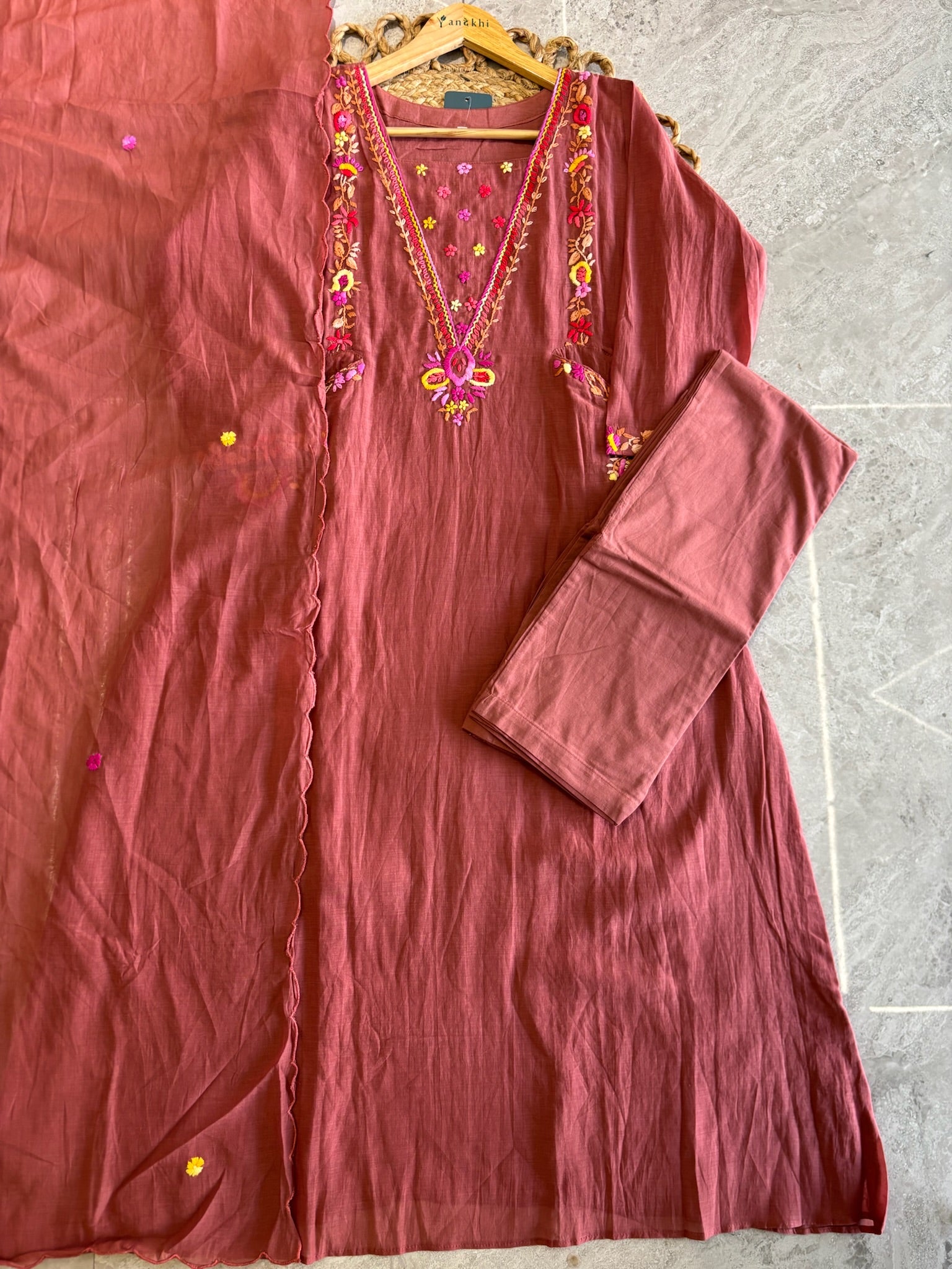 A4143- Mul Chanderi Kurti with vibrant floral Hand-Embroidery & Front Pockets, Pants & scalloped Dupatta.
