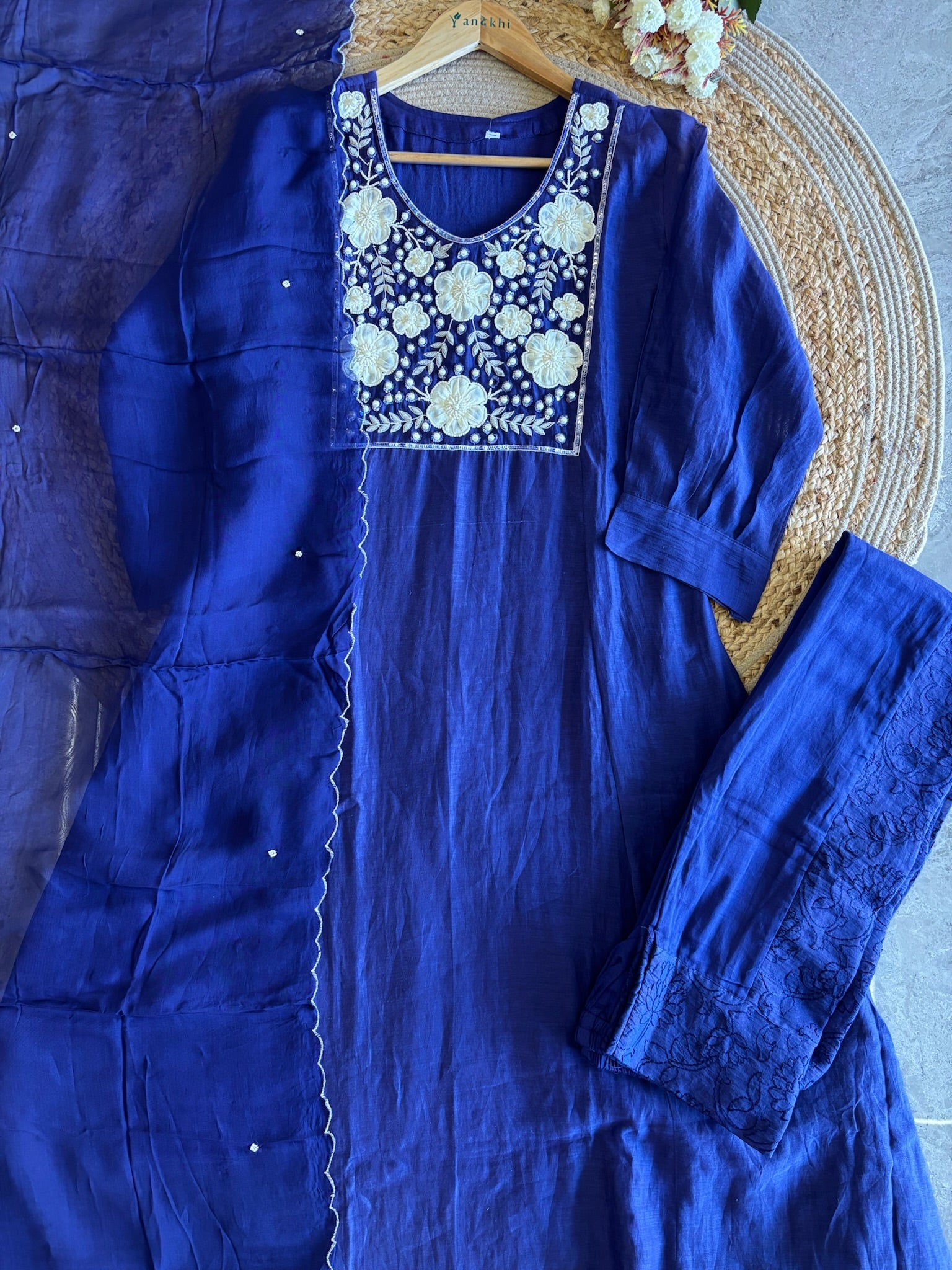 A2730- Mul Chanderi Suit with Heavily Embroidered Yoke, 3D Floral Applique & Pearl Detailing, with Designer Embroidered Pants & Organza Dupatta.