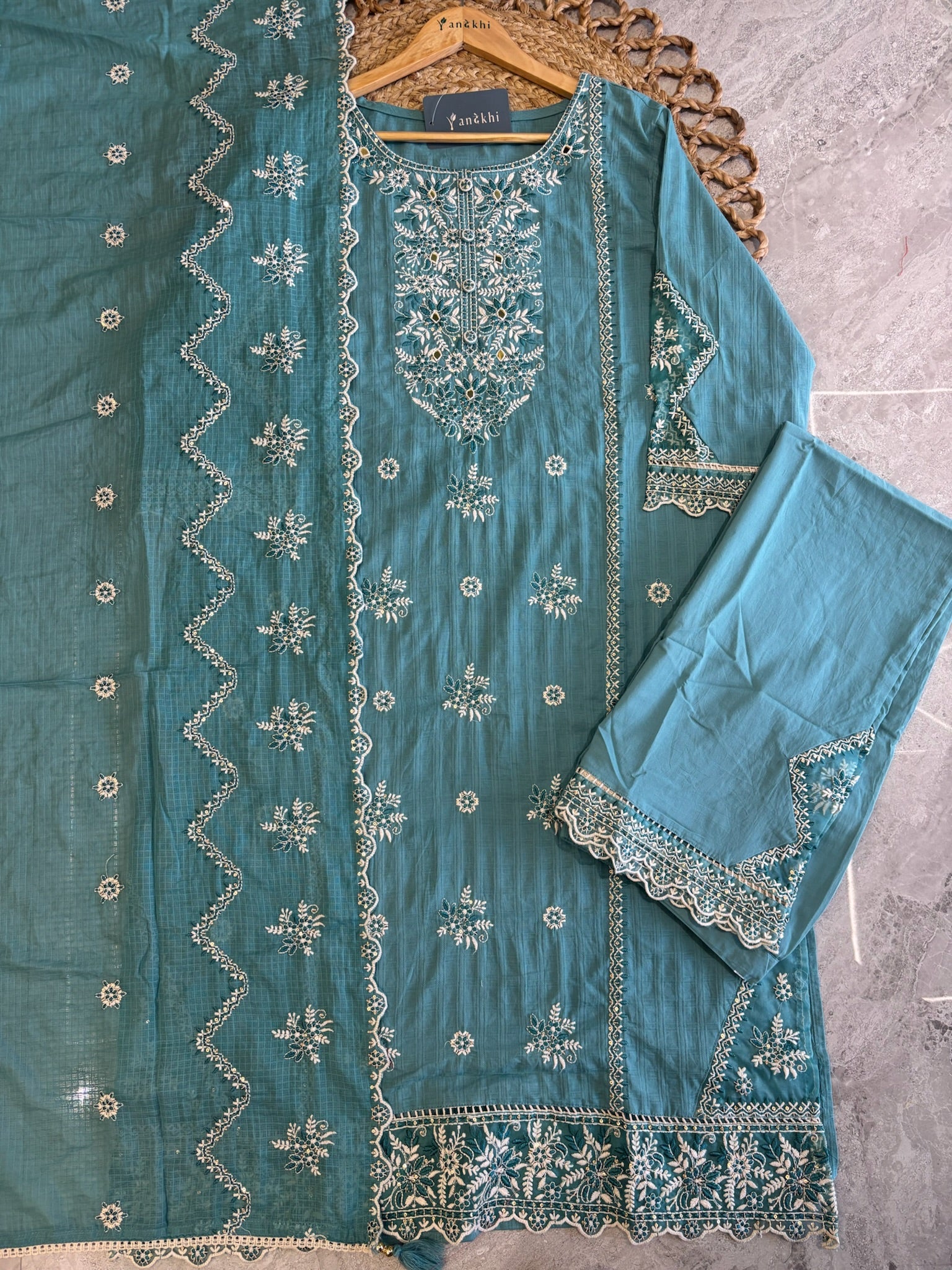 A4015 - Mul Cotton Embroidered suit with Designer Pants & a detailed Heavy Dupatta.