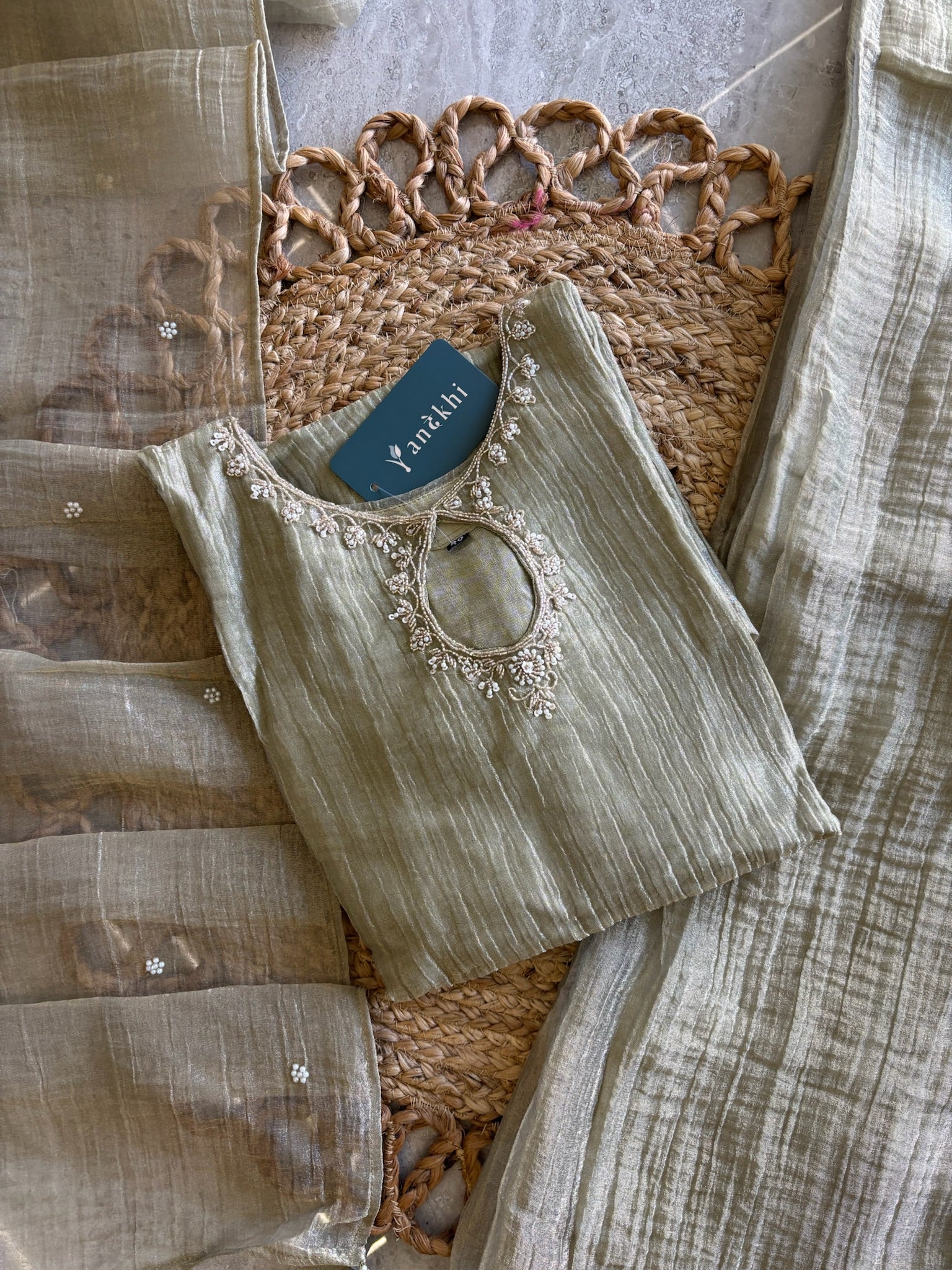 A4140 - Crush Glass Tissue  Handwork Short Kurti with Divider Pants & Dupatta.