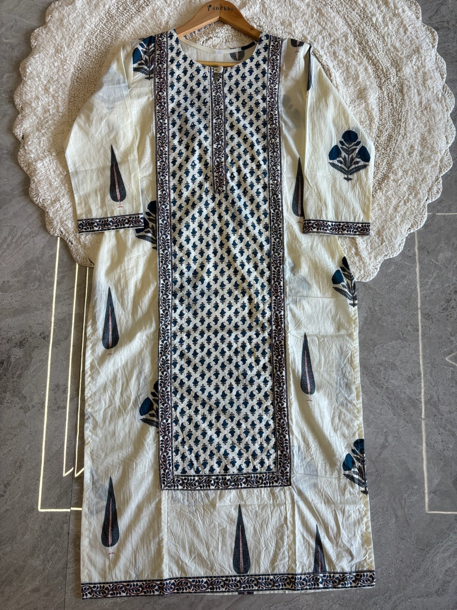 A3923- Pure Cotton Suit with Handblock & Floral Prints, a Printed Bottom & Dupatta.