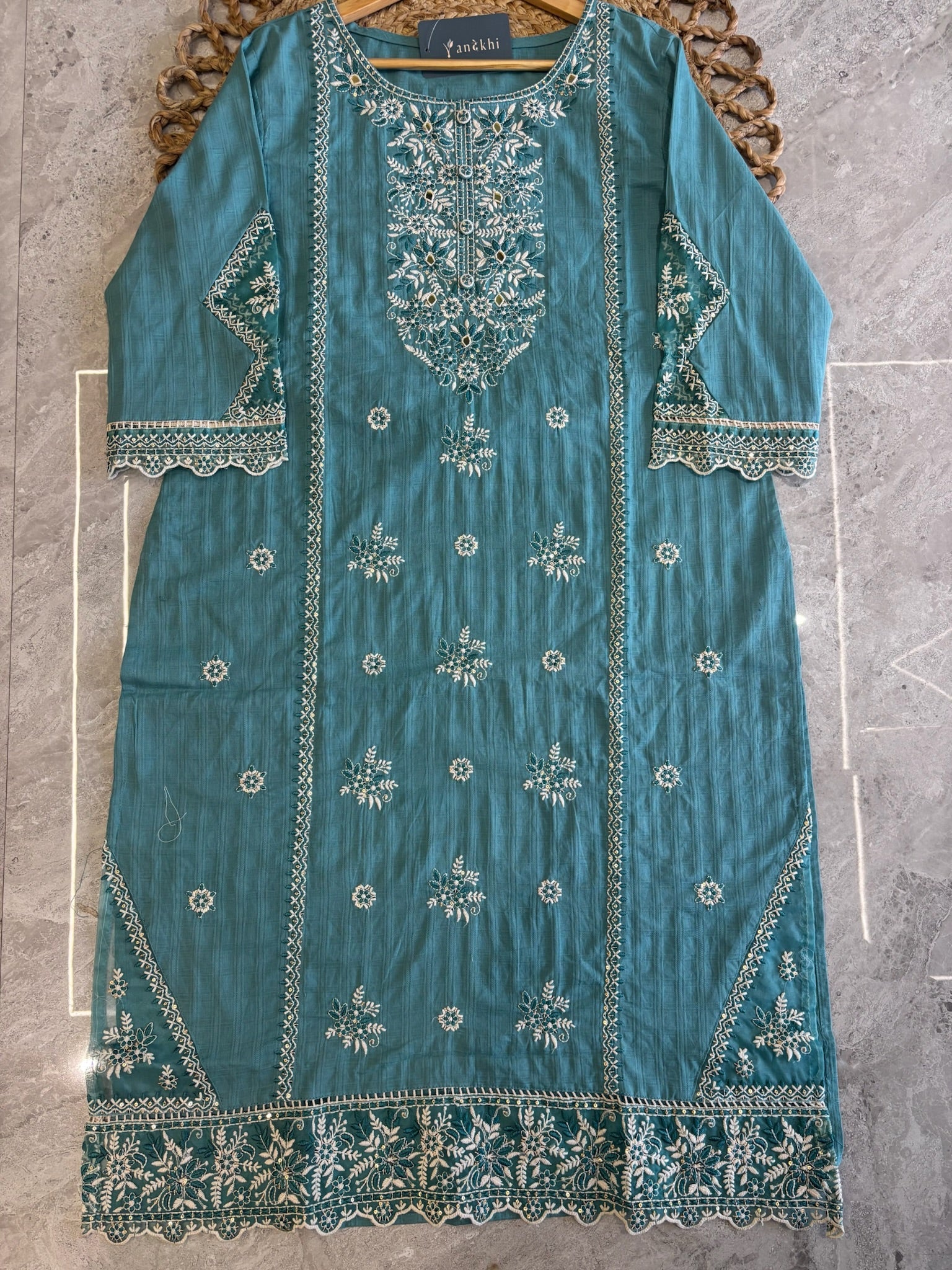 A4015 - Mul Cotton Embroidered suit with Designer Pants & a detailed Heavy Dupatta.