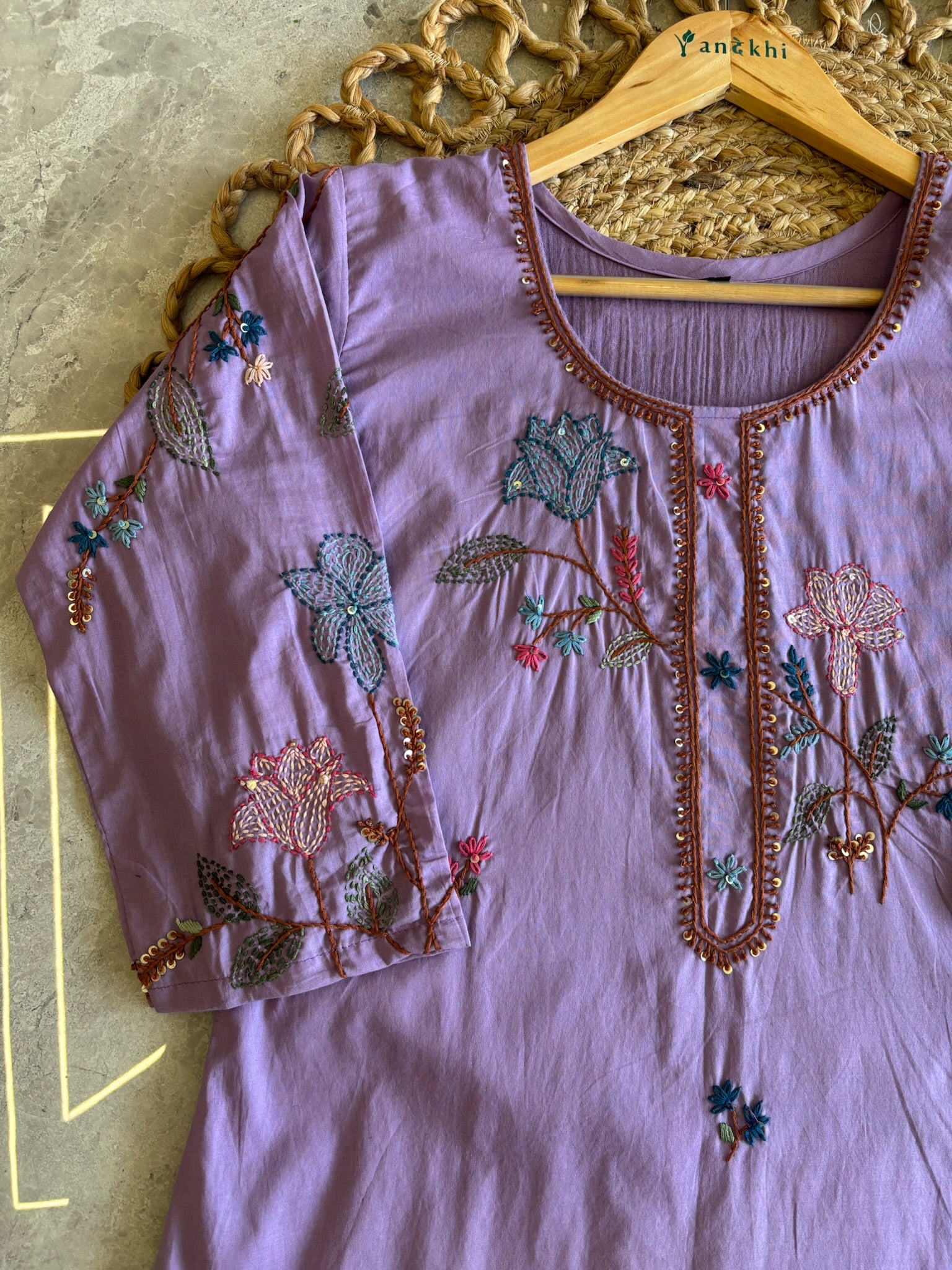 A3895 - Mul Cotton Kurti with Katha Embroidery, paired with pants & dupatta.
