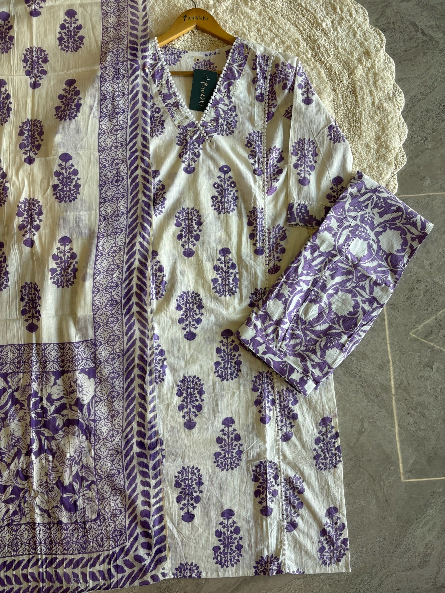 A4025- Pure Cotton Suit featuring Block-Printed Floral Motifs, delicate Lace detailing, matching Pants & Dupatta.