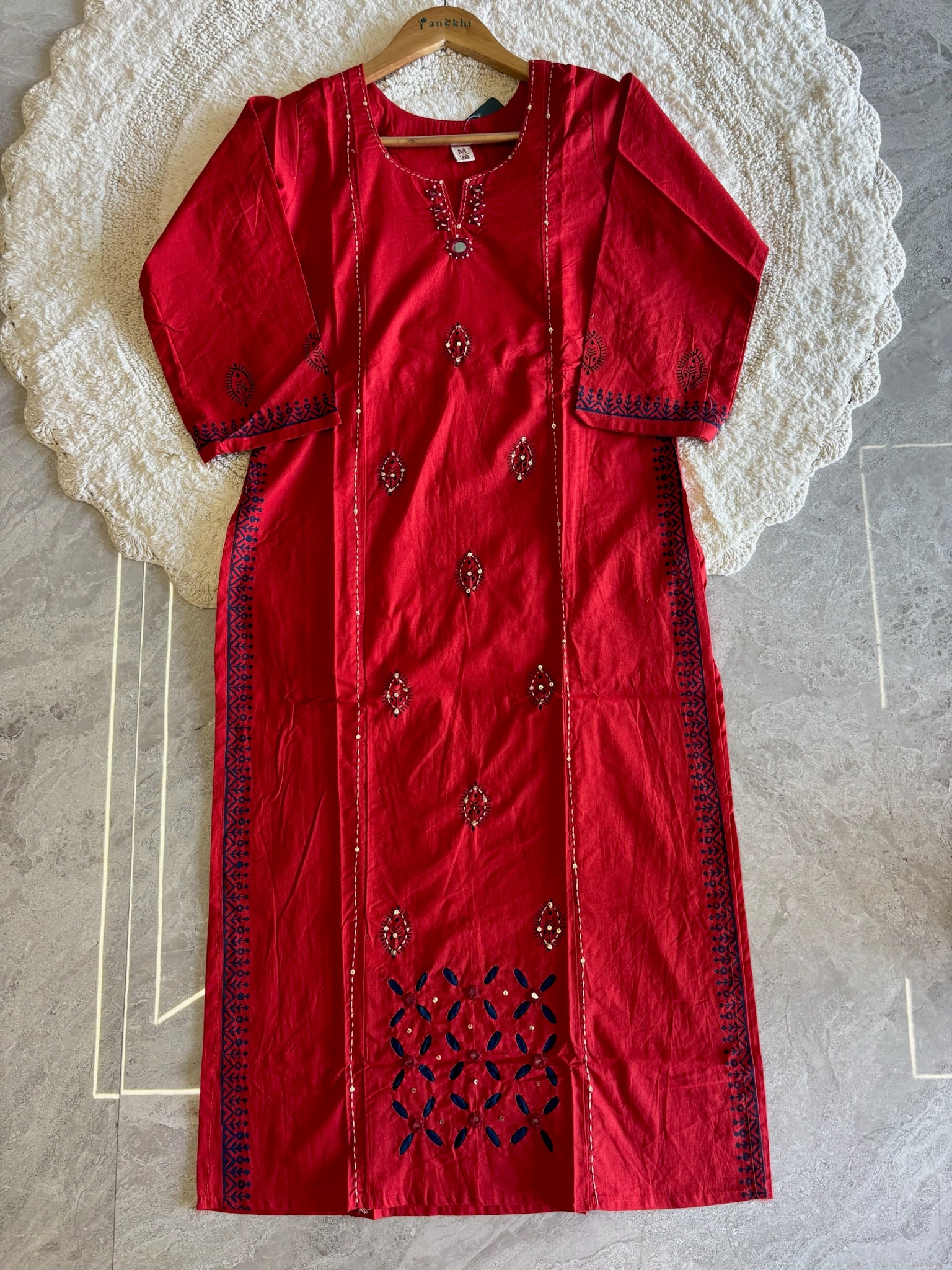 A4009- Pure Cotton Solid Kurti with minimal Katha Embroidery, Mirror Work & Applique Detailing matching Pants & Contrast Kota Doriya Dupatta.