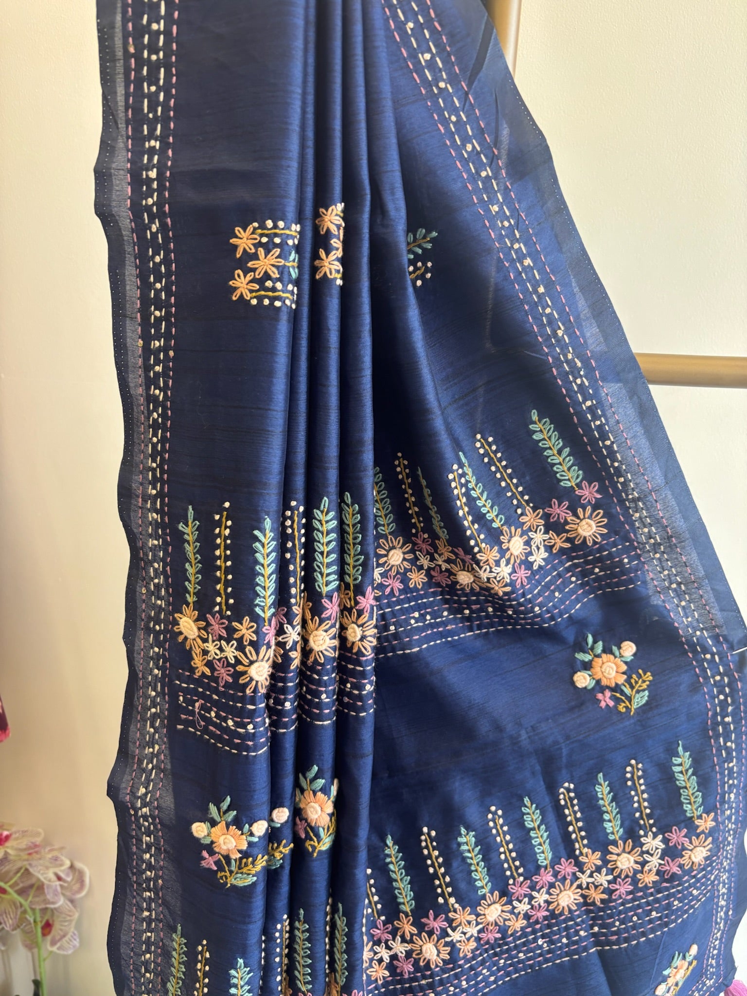 A1650 - Deep Blue Tussar Silk Saree with Kantha & French Knot Embroidery