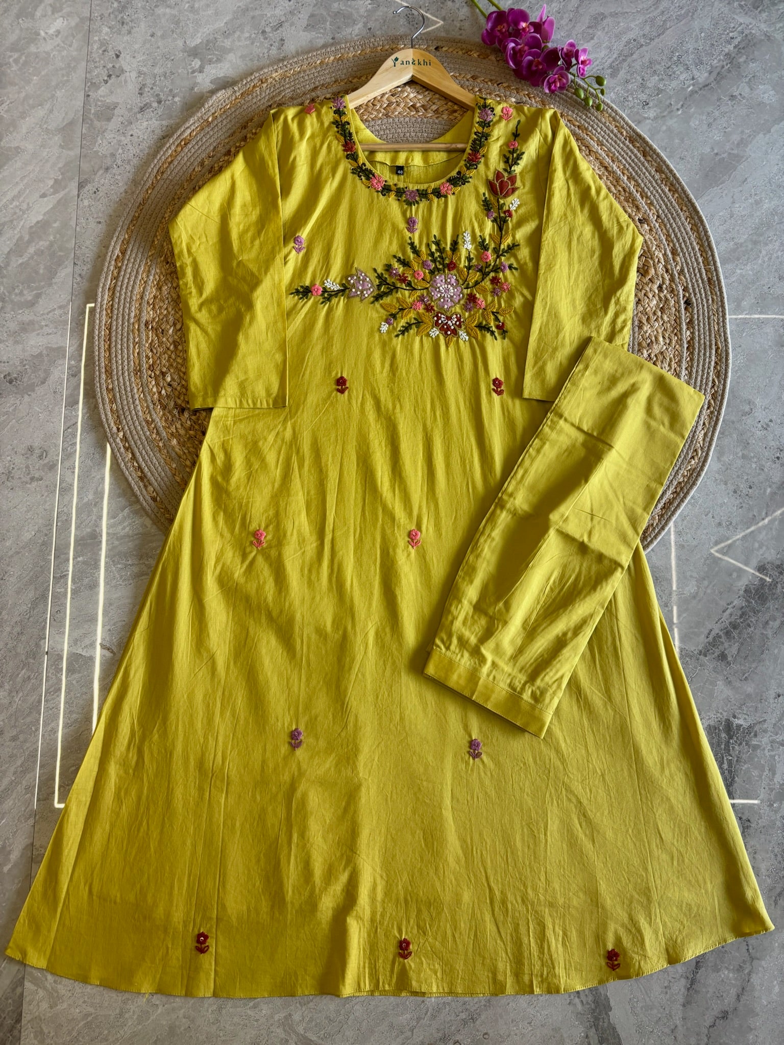 A5075- LimePure Cotton A-lign Suit with Katha work, paired with pants & Dupatta.