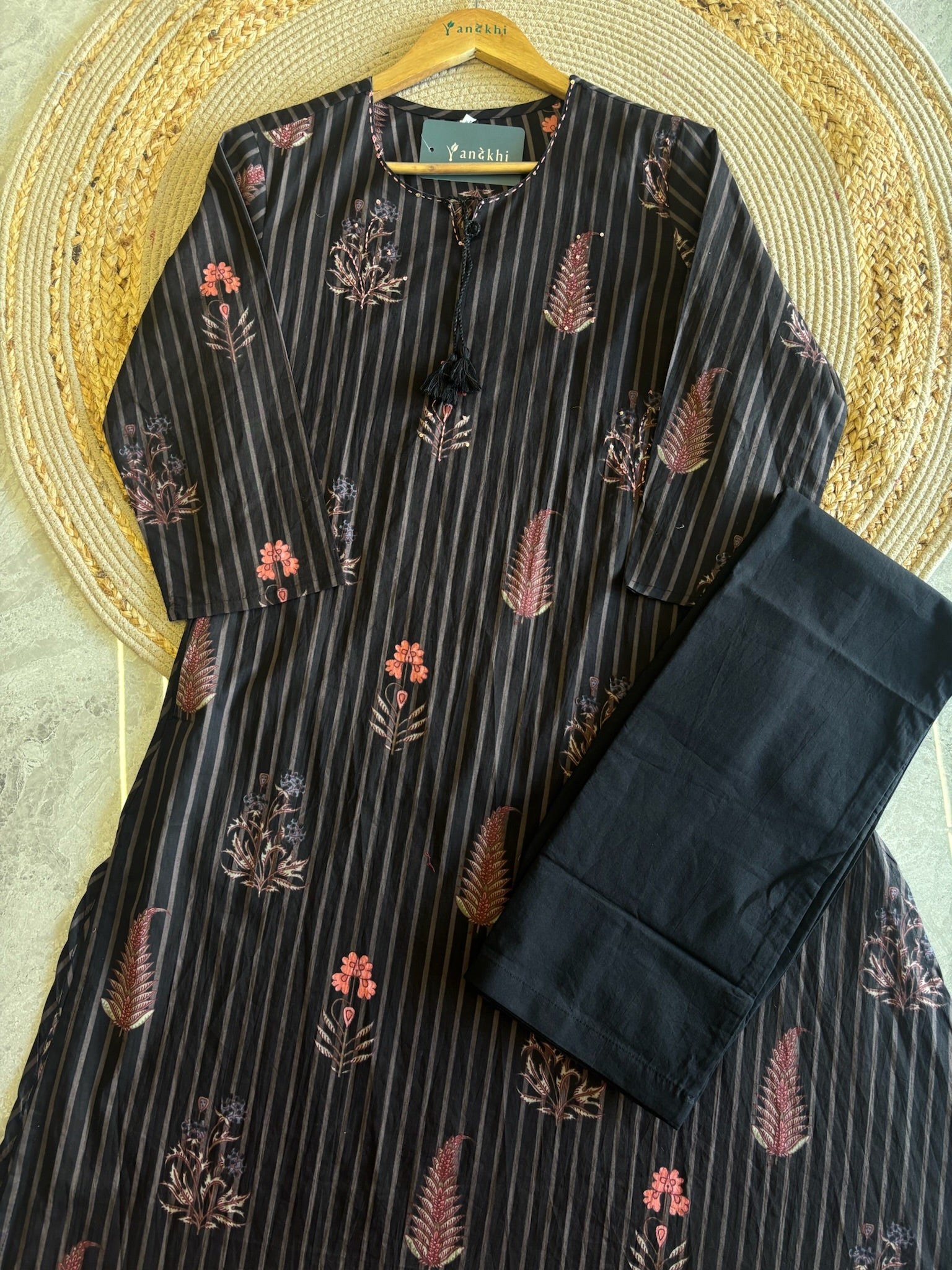 A4019- Pure Cotton A-Line Suit with Elegant Striped Patterns, Delicate Floral Prints, with Pants & Dupatta.