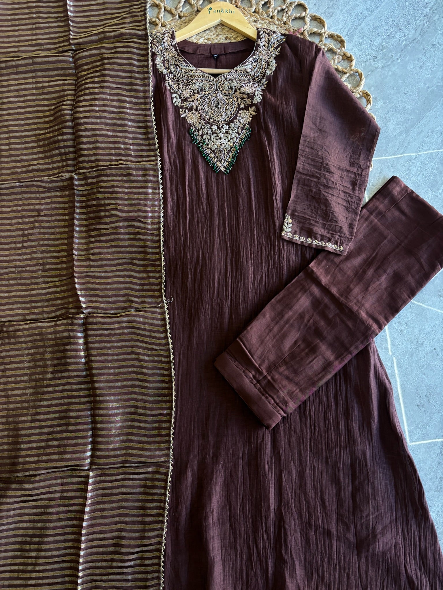 A4151 - Mul Chanderi Handwork A-lign Kurti with Pants & Dupatta.