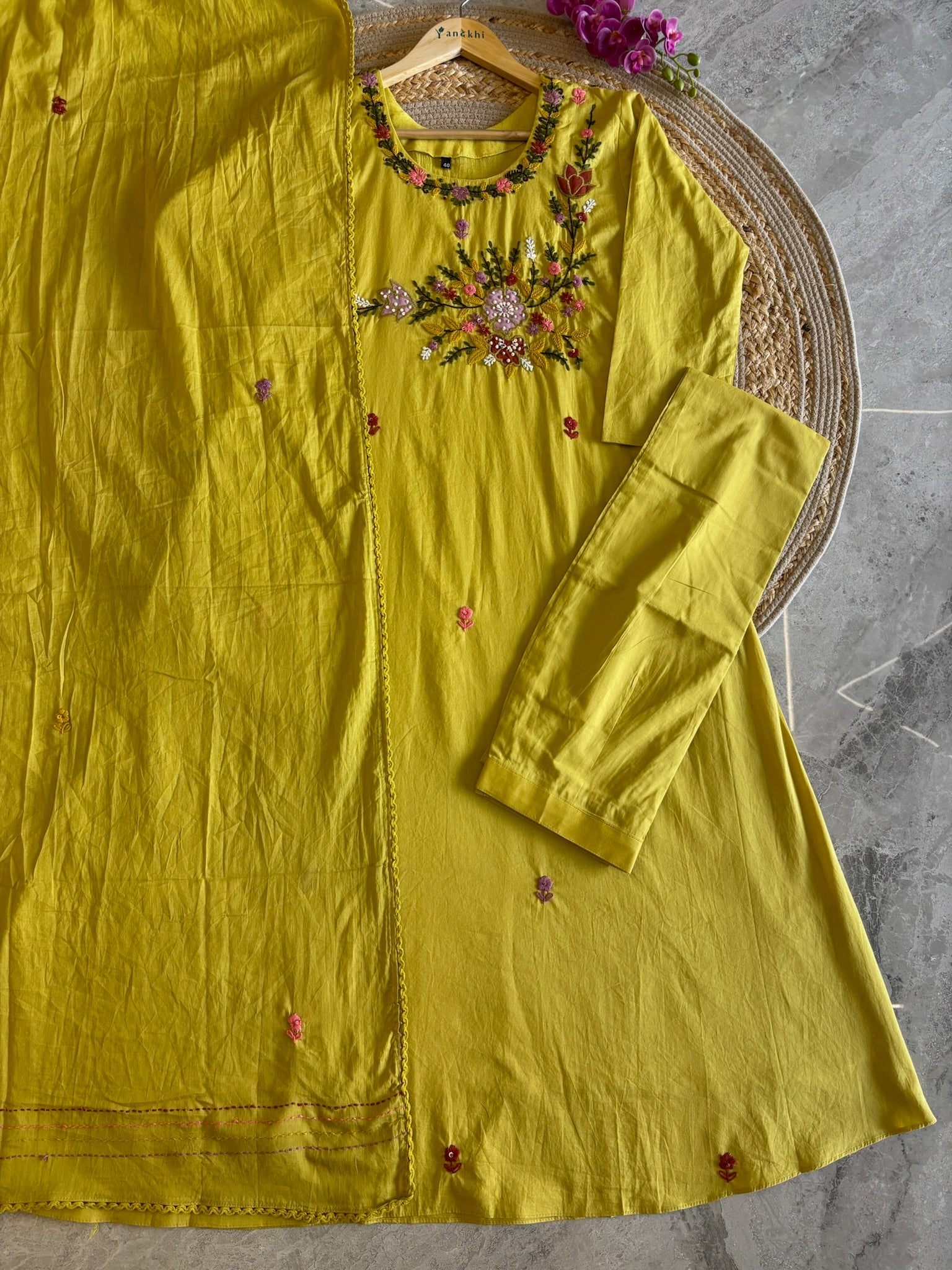 A5075- LimePure Cotton A-lign Suit with Katha work, paired with pants & Dupatta.