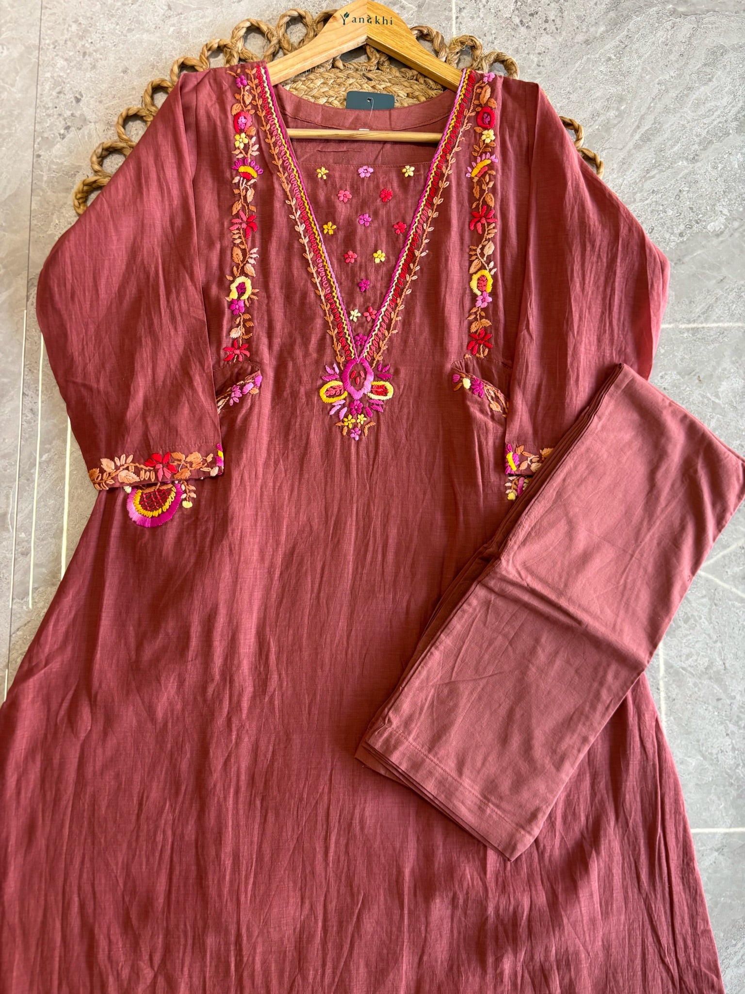 A4143- Mul Chanderi Kurti with vibrant floral Hand-Embroidery & Front Pockets, Pants & scalloped Dupatta.