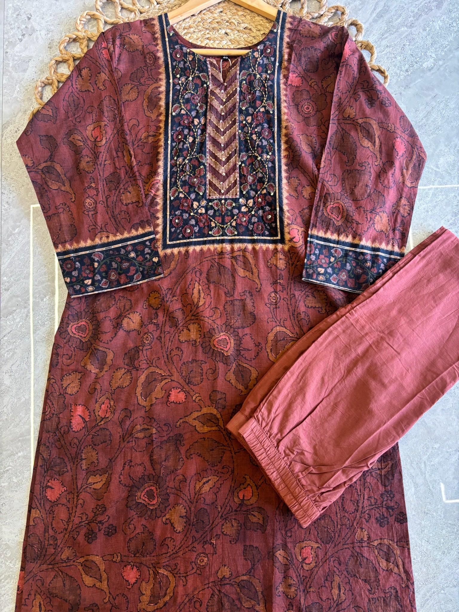 A1585 - Pure Cotton Kalamkari Kurti  with Pants & Dupatta