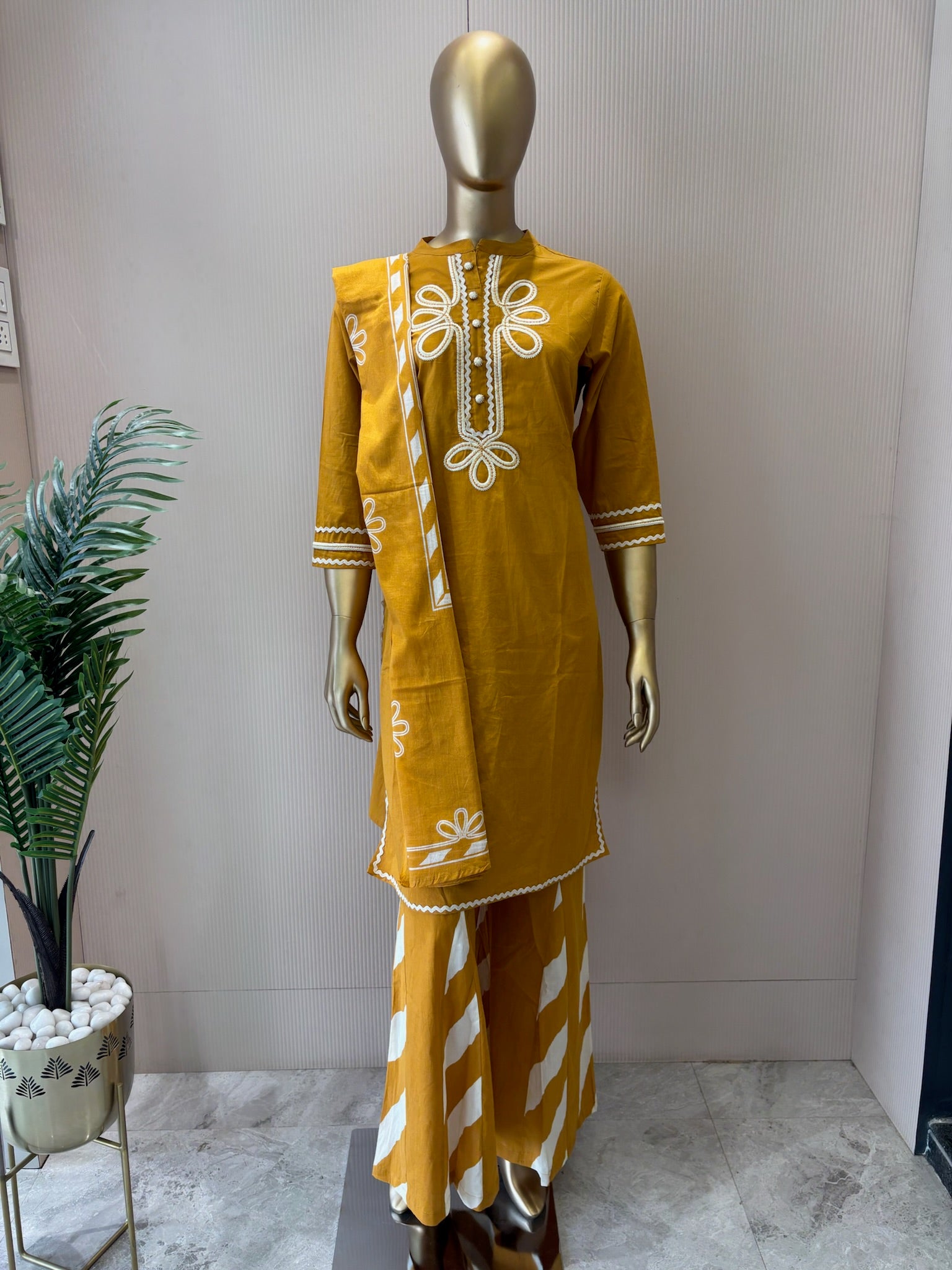 A2785 - Cotton Suit with Embroidered Neck, Designer Bell Bottoms & Printed Dupatta.