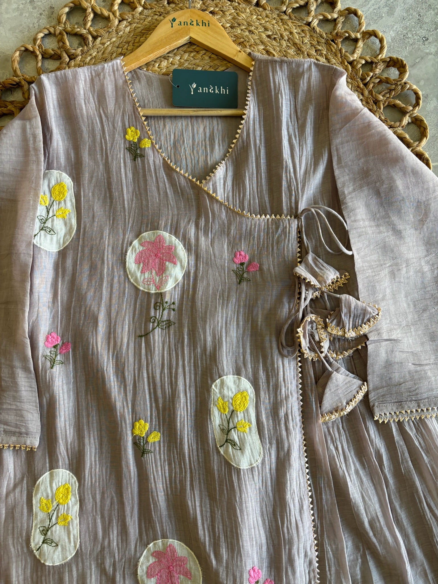 A3964 - Mul Chanderi Angrakha Suit set with delicate Embroidery, Paired with Pants and Dupatta.