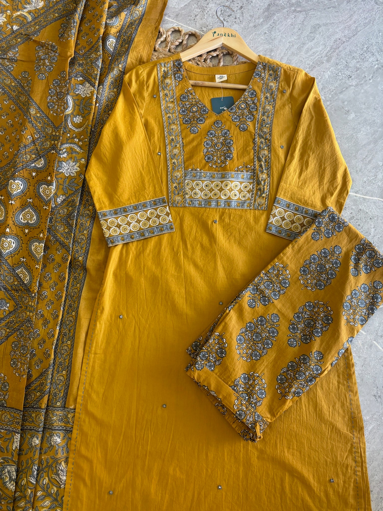 A2814 - Pure Cotton Suit set with an intricately Printed Yoke, coordinated printed bottoms.
