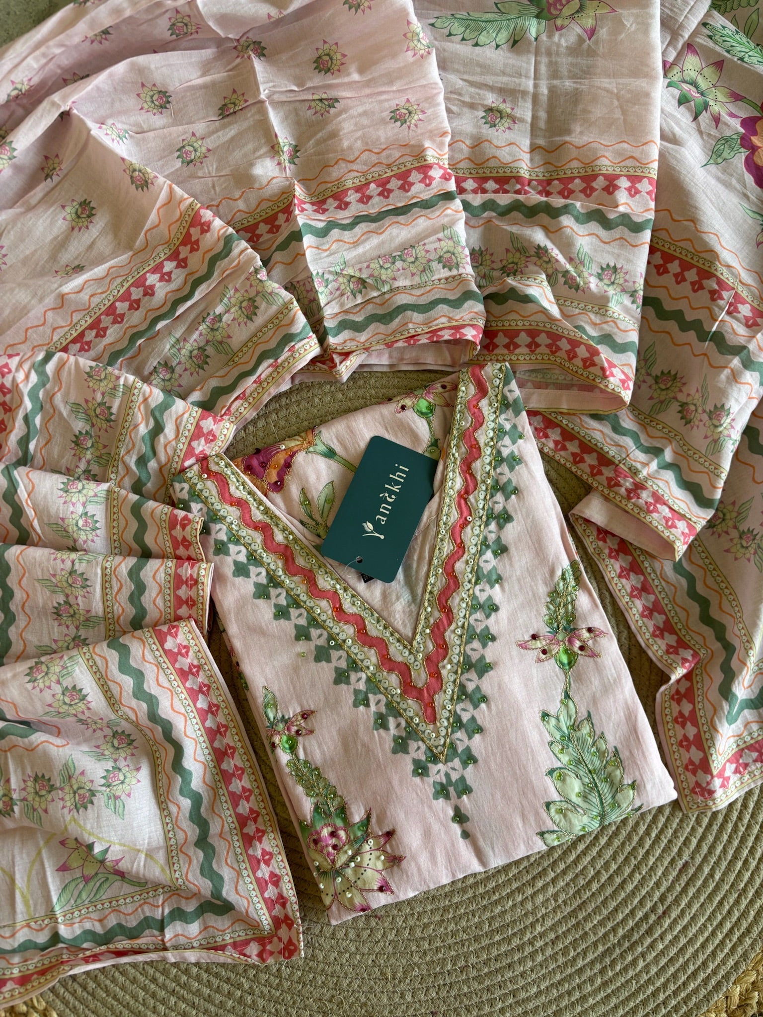 A3933 - Blush Pink Floral Cotton Silk Suit set.
