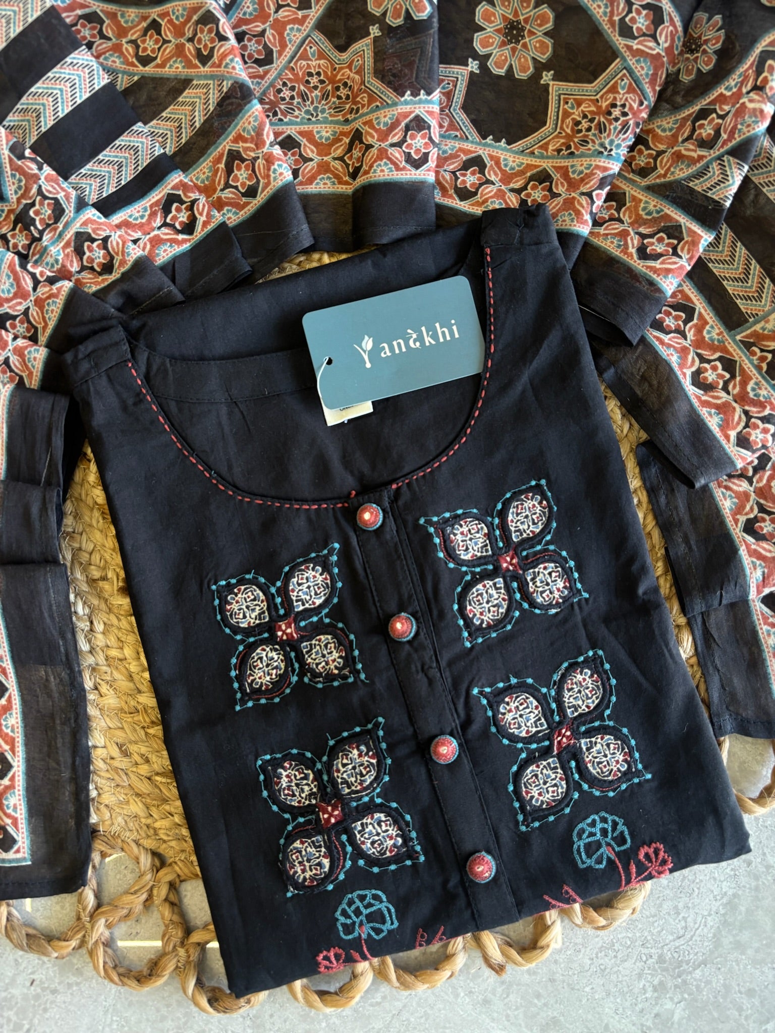 A4035 - Black Embroidered Suit set with a Statement Patchwork Printed Dupatta.