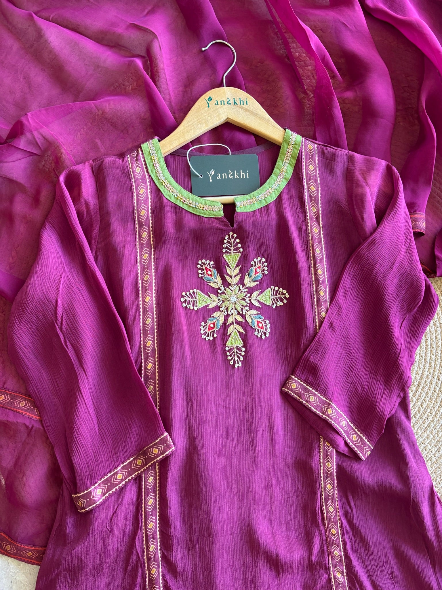 A1124 - Pure Chinon A- lign Kurti with Embroidery and contrast detailing, paired with Plazo Pants and Dupatta.