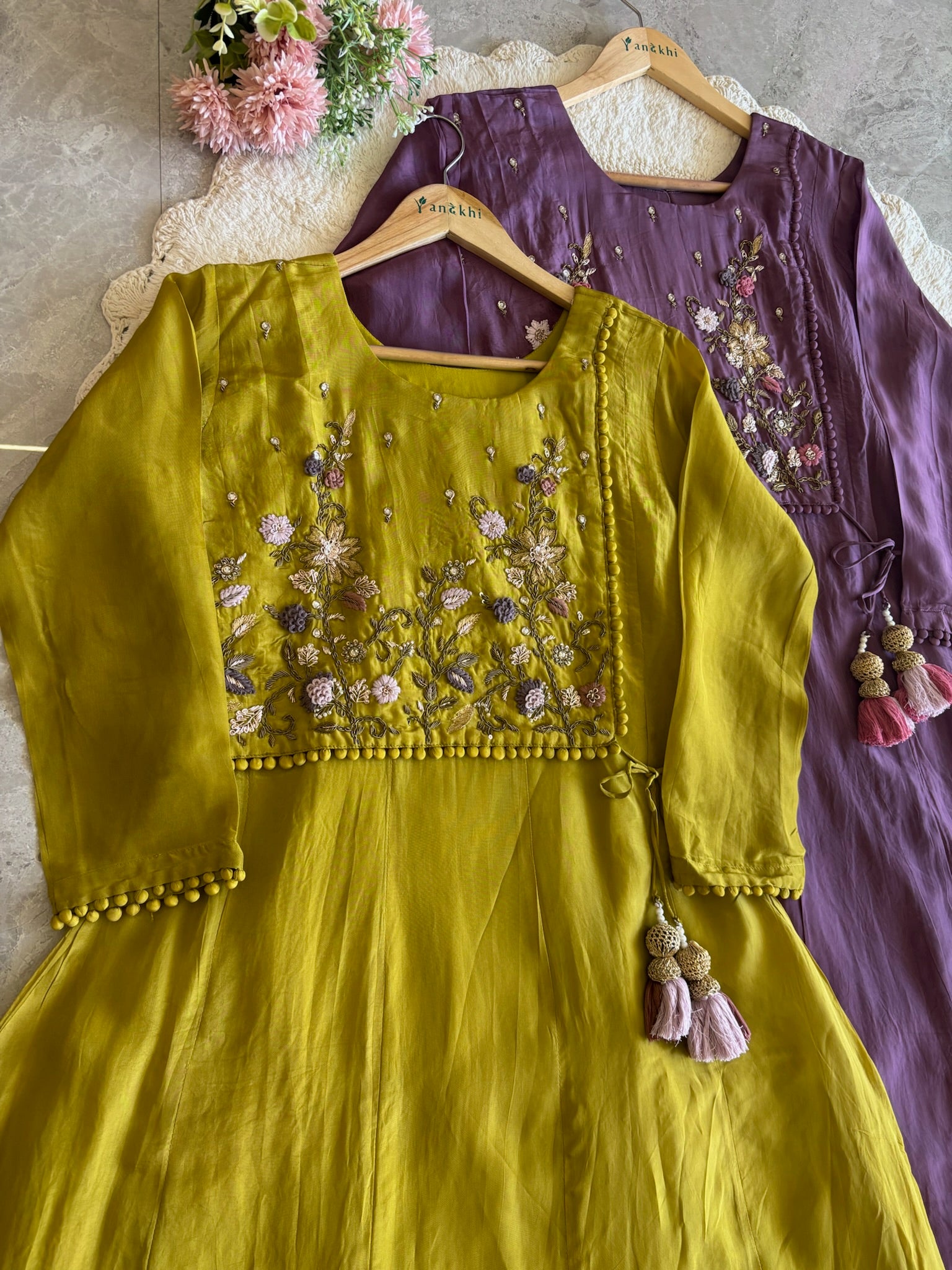 A2642- HO Silk A-Line Suit featuring an Overlap Jacket-Style Hand Embroidered Heavy, Paired with Pants & a Dupatta.