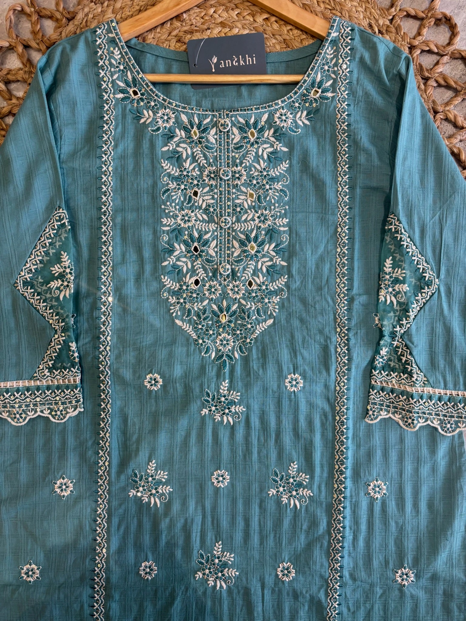 A4015 - Mul Cotton Embroidered suit with Designer Pants & a detailed Heavy Dupatta.
