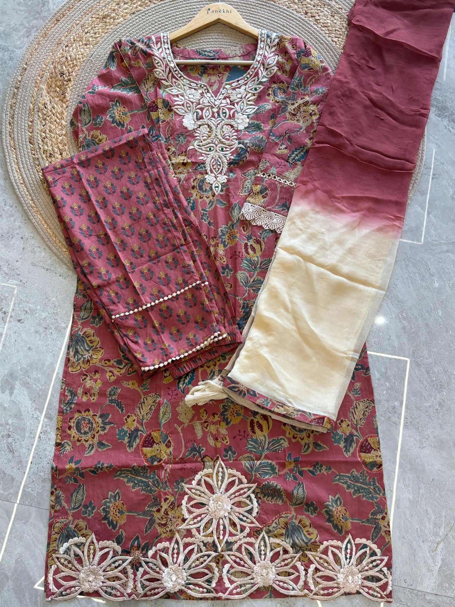 A2788 - Pure Cotton Kurti with delicate Cutwork & Embroidery, Pants & Dupatta.