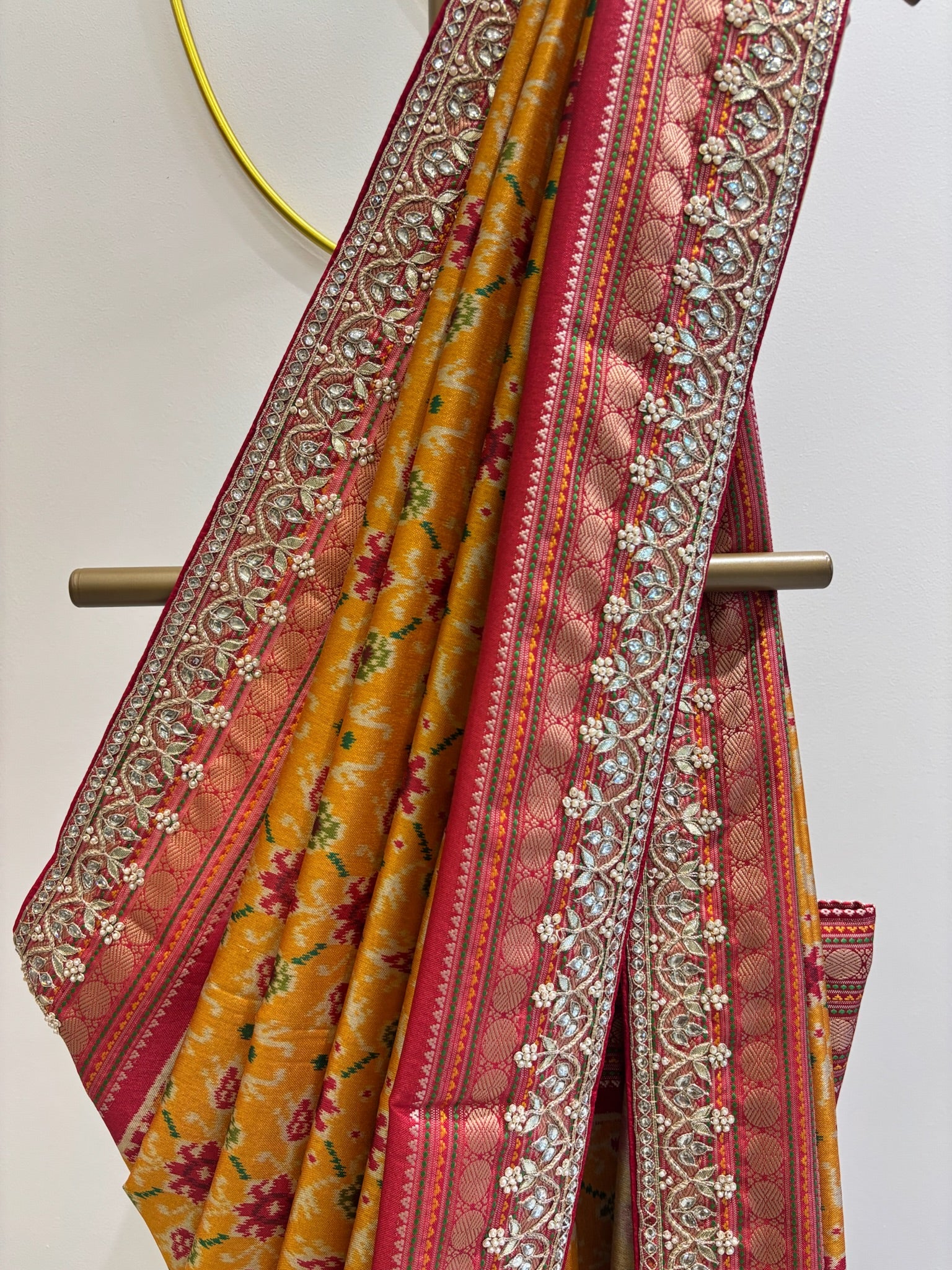 A4072- Patola Print Saree with Gota Handwork Border in Silk Fabric.