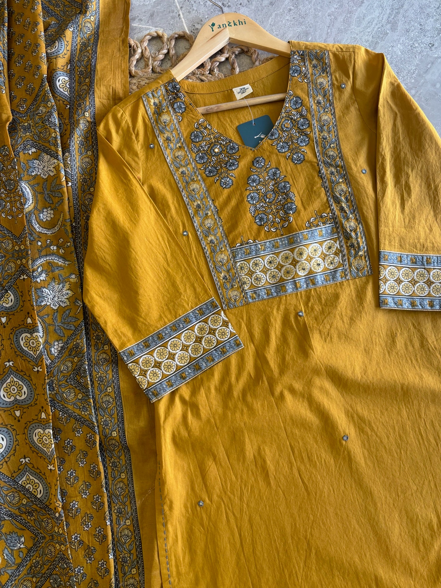 A2814 - Pure Cotton Suit set with an intricately Printed Yoke, coordinated printed bottoms.