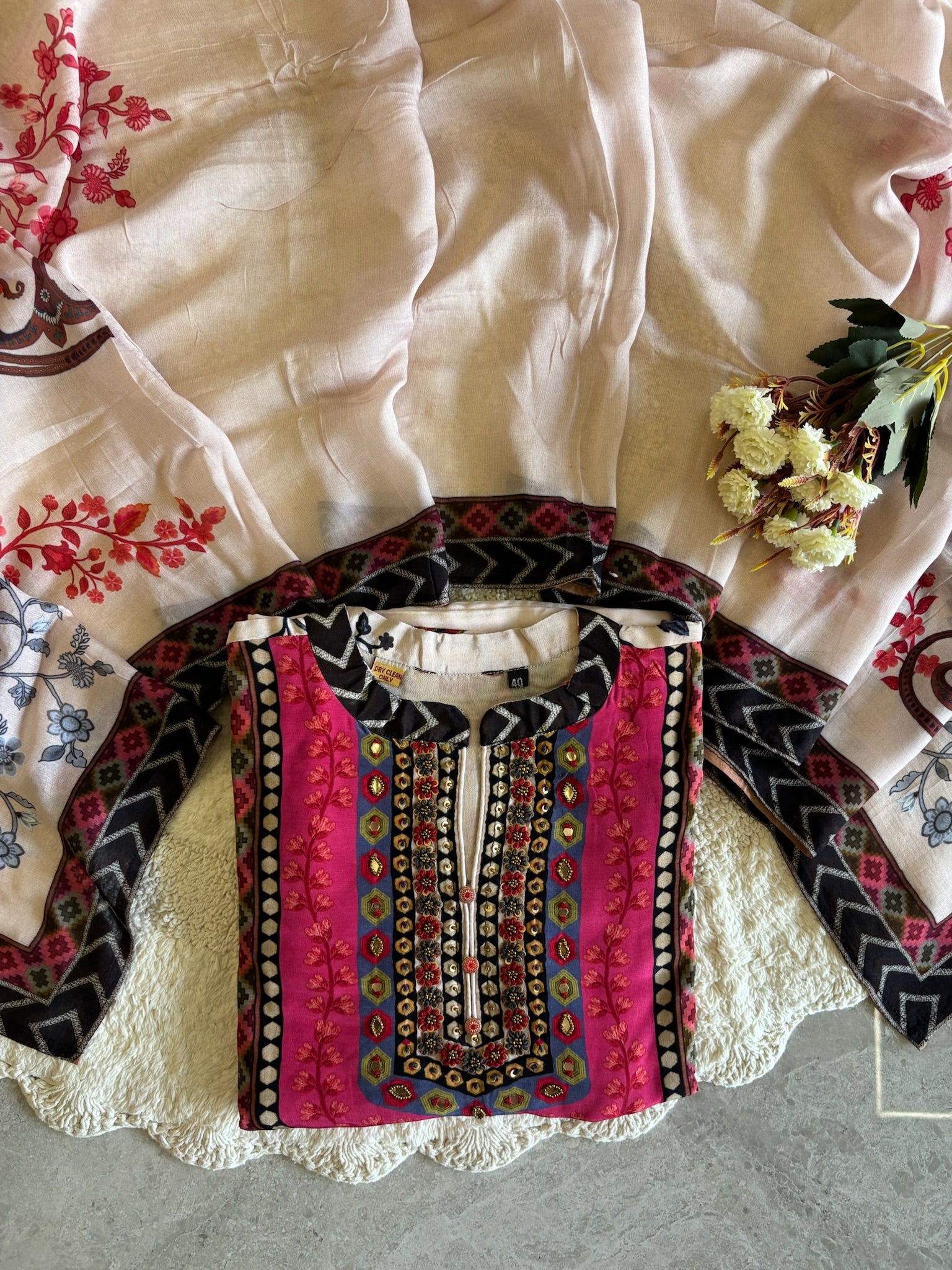 A2686- Pure Italian Silk Suit featuring Vibrant Floral & Paisley Prints with elegant Neckline Detailing, paired with Pants & Dupatta.
