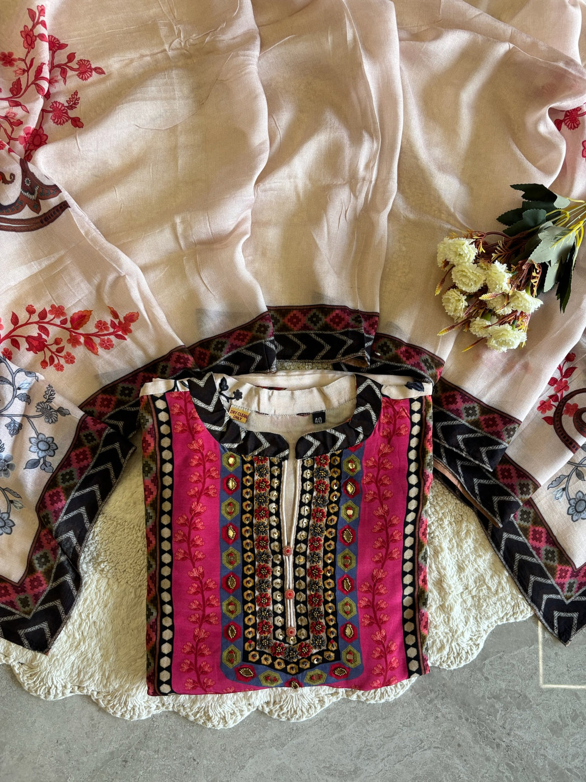 A2686- Pure Italian Silk Suit featuring Vibrant Floral & Paisley Prints with elegant Neckline Detailing, paired with Pants & Dupatta.