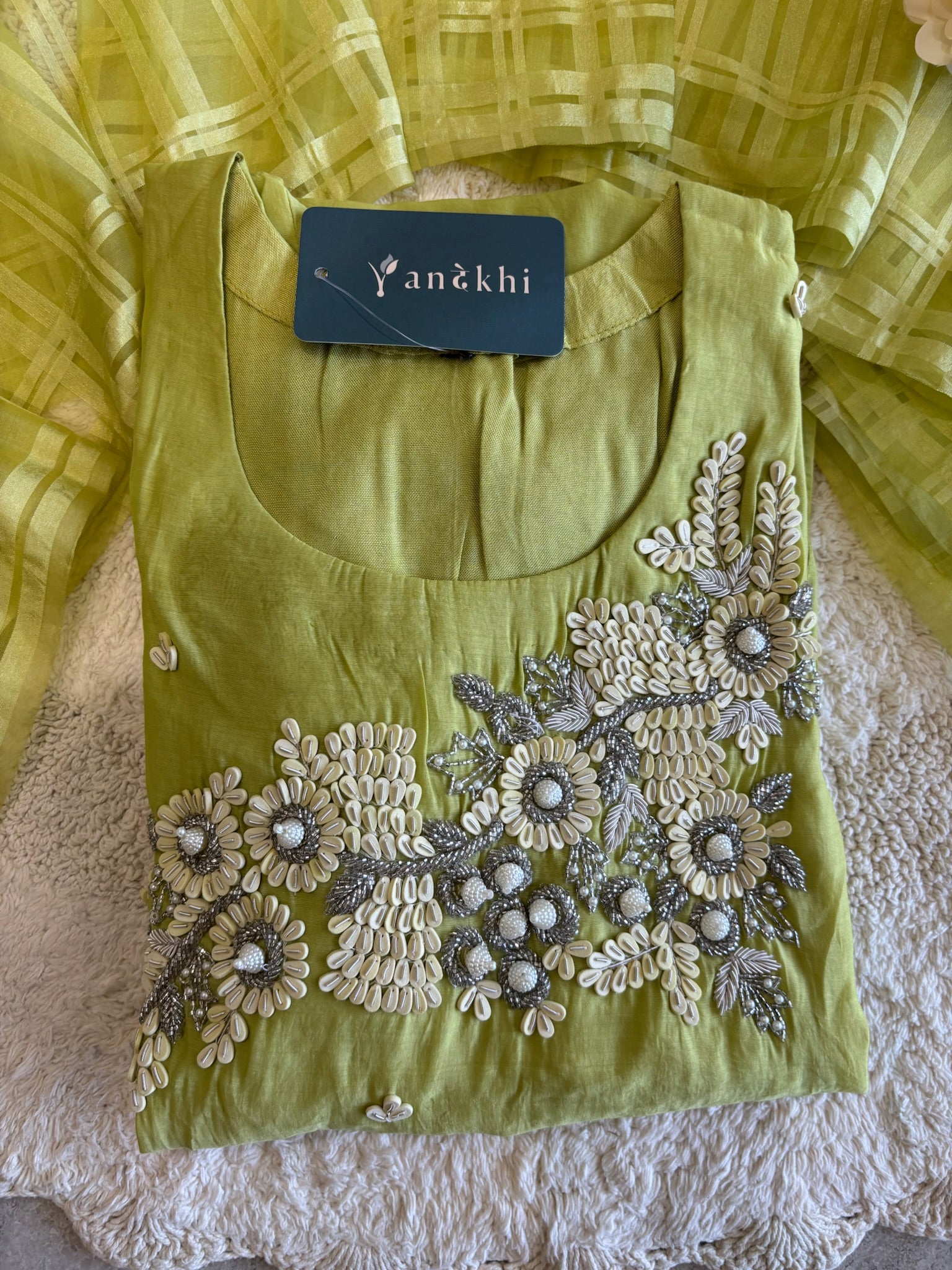 A1664 -Pure Mul Chanderi A-Line Suit featuring 3D Floral Handwork on the Neckline, paired with Pants & Organza Dupatta.