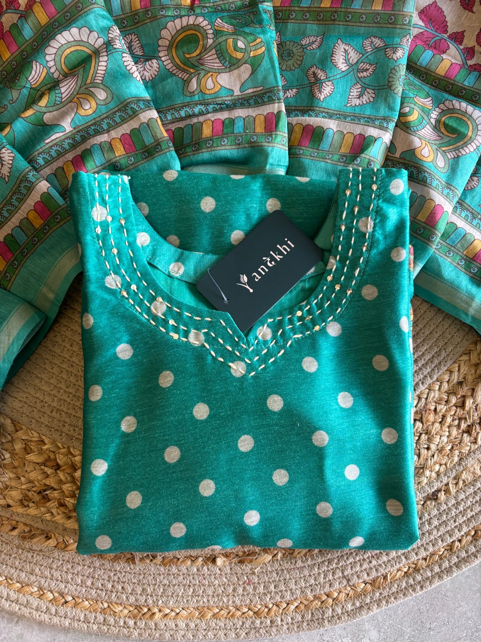 A6206- Chanderi Silk Suit featuring a vibrant polka-dotted Kurta with traditional Printed border, paired with Pants