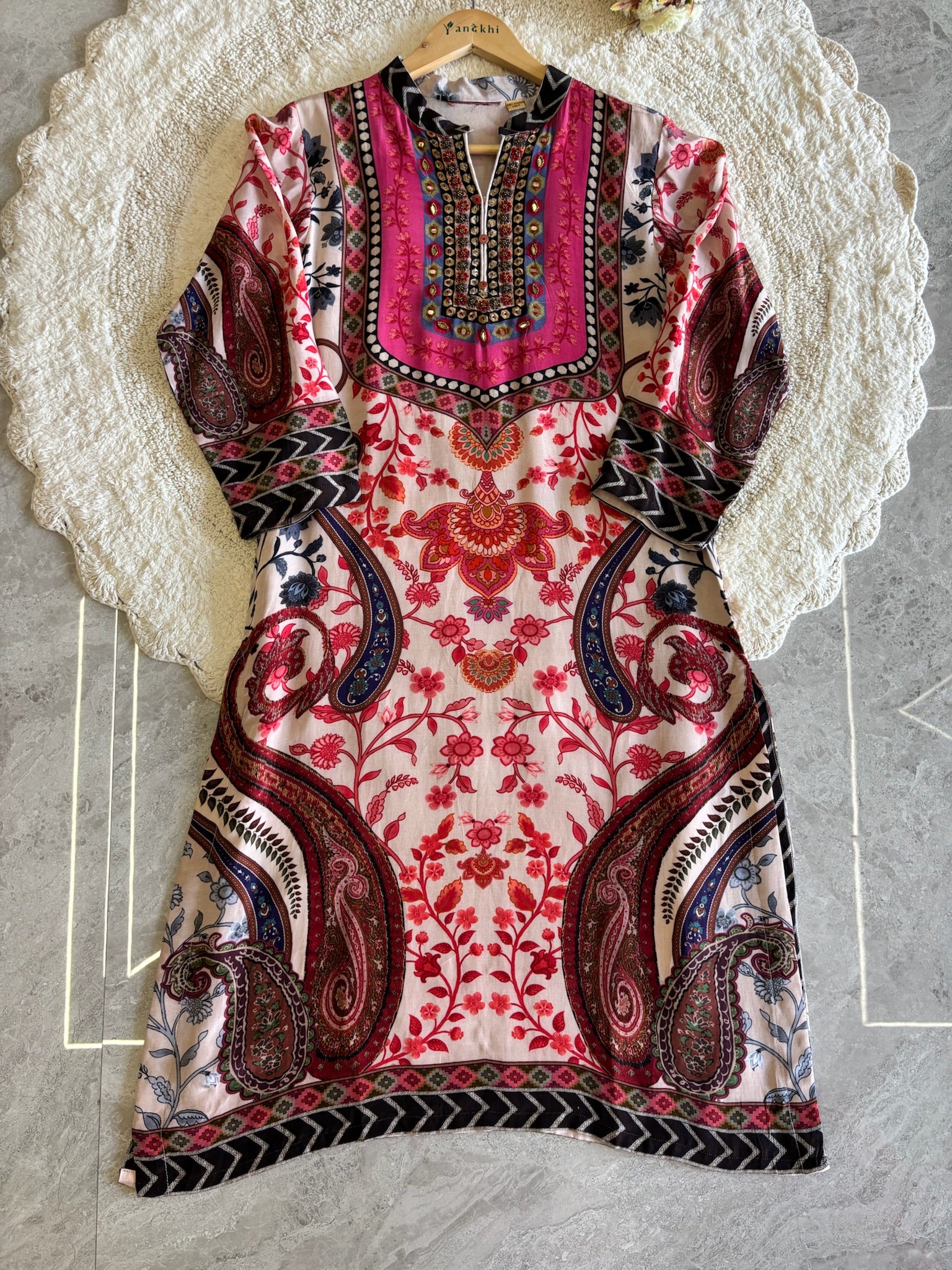 A2686- Pure Italian Silk Suit featuring Vibrant Floral & Paisley Prints with elegant Neckline Detailing, paired with Pants & Dupatta.